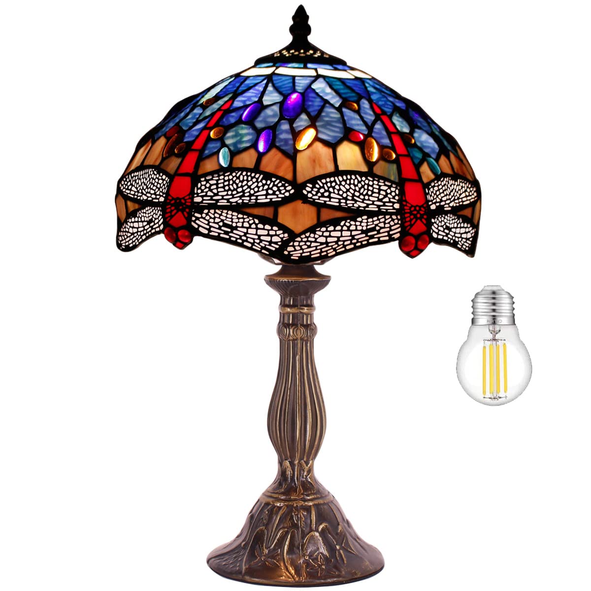 WERFACTORY Tiffany Lamp Blue Red Stained Glass Dragonfly Style Bedside Table Lamp Desk Reading Light 12X12X18 Inches Decor Night