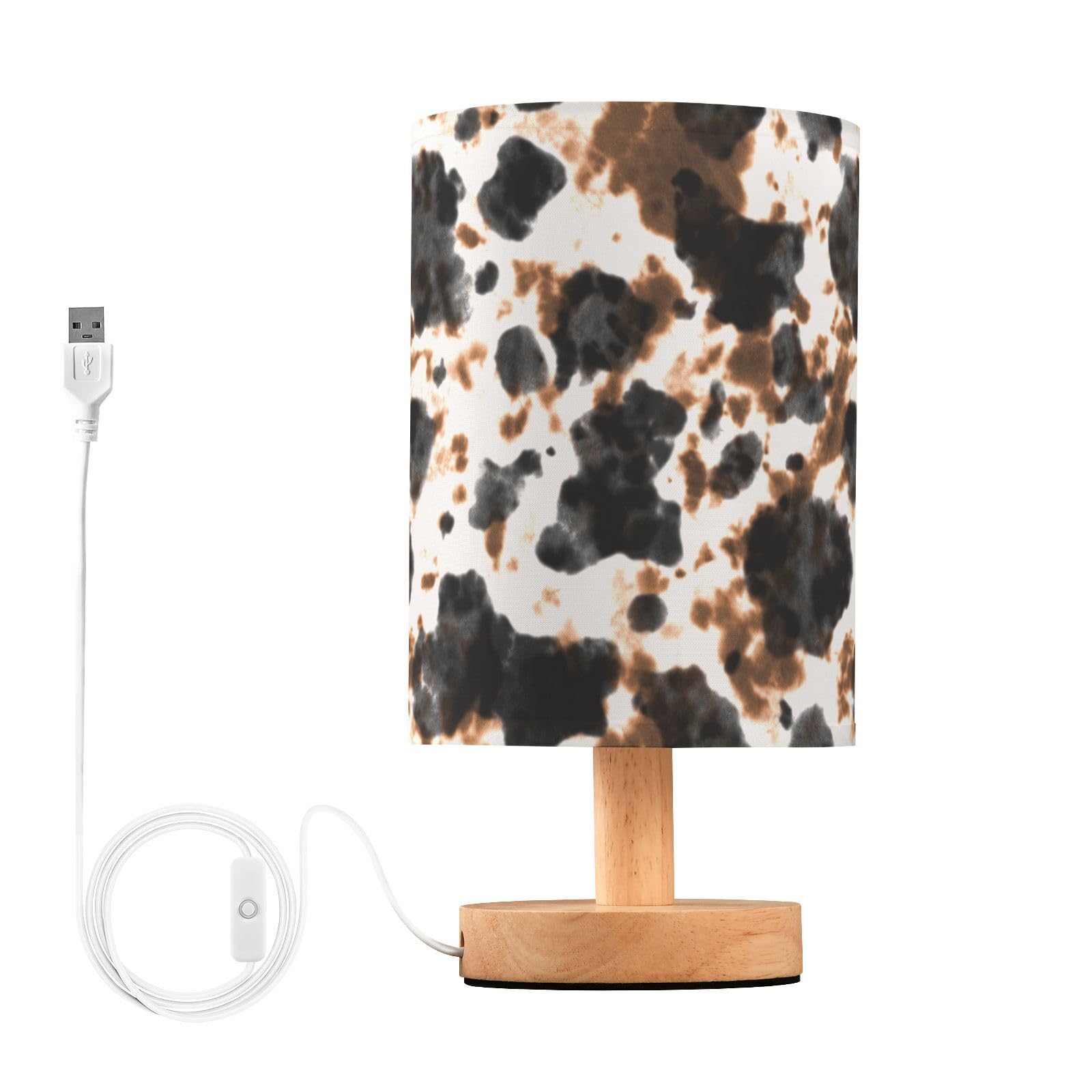 Oarencol Bedside Table Lamp Cow Tie Dye Print Nightstand Lamp with Wood White Black Brown Animal Skin Desk Lamps for Bedroom Liv