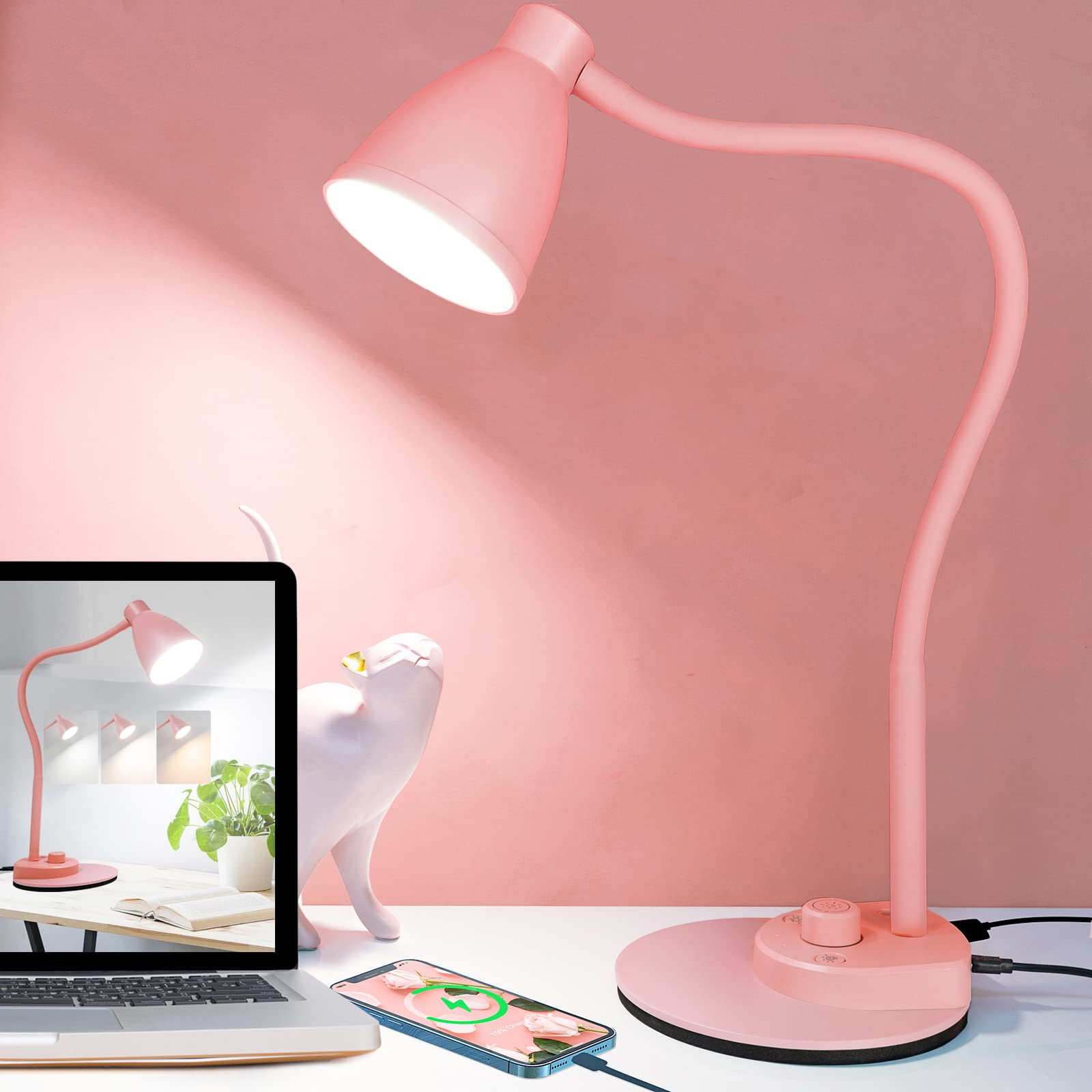 Bohon Cute Desk Lamp With Usb Charging Port, Pink Lamp 3 Color Modes Dimmable Reading Lamp, Flexible Gooseneck Table Light Auto Dimming Task Lamp, Led Desk Light For Home Office Dorm Bedside, Pink