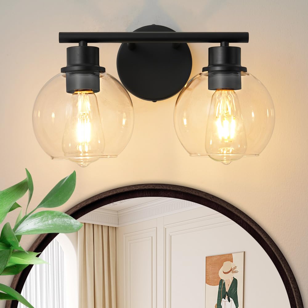 Lanmate Bathroom Light Fixtures Over Mirror 2-Lights Bathroom Vanity Light With Clear Glass Shade 13.8 Inch Modern Wall Sconce B