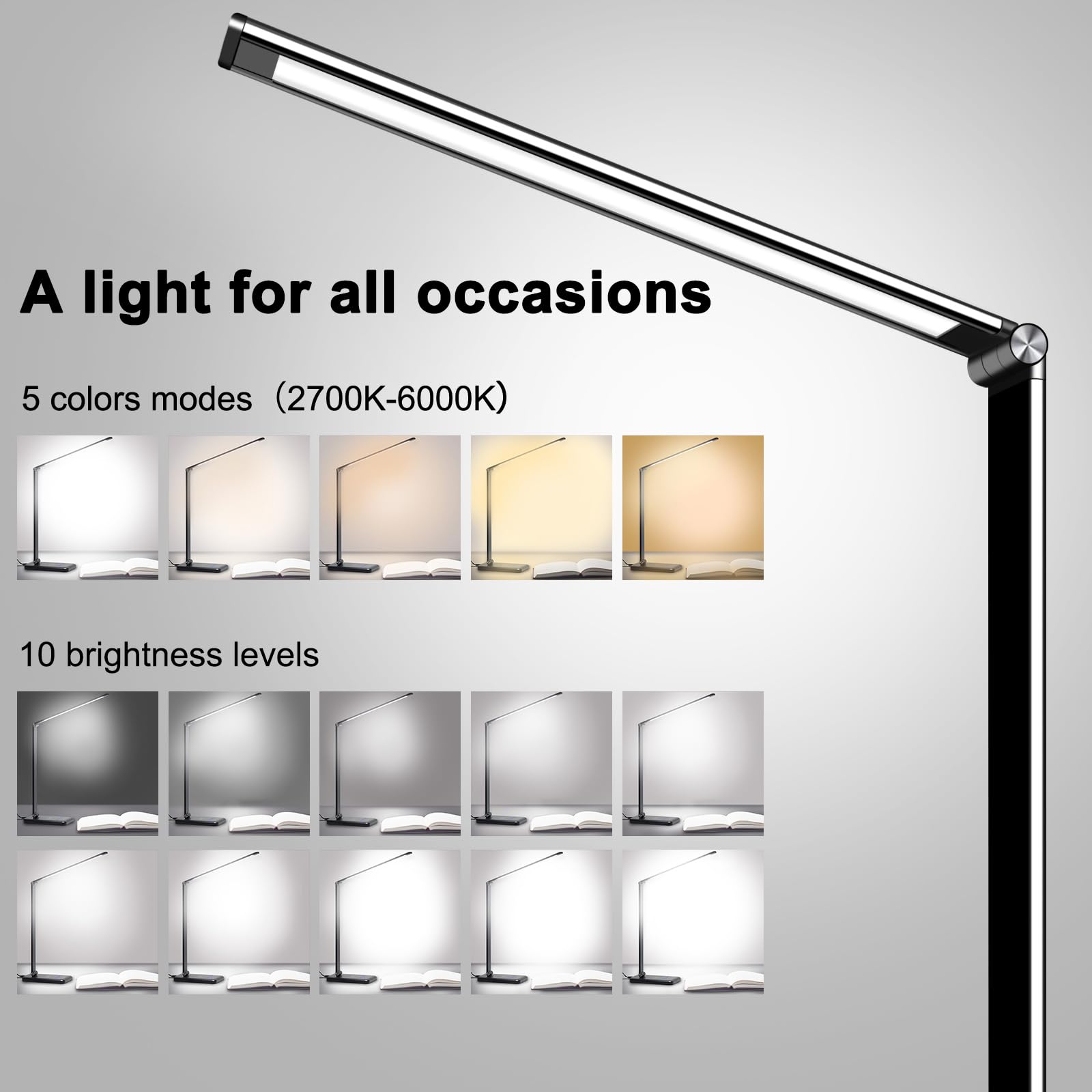 AFROG 8-in-1 LED Desk Lamp, 10W Wireless Charger, USB Port, 1200Lux, 5 Modes, Black Pro 3.0, Model EK009A