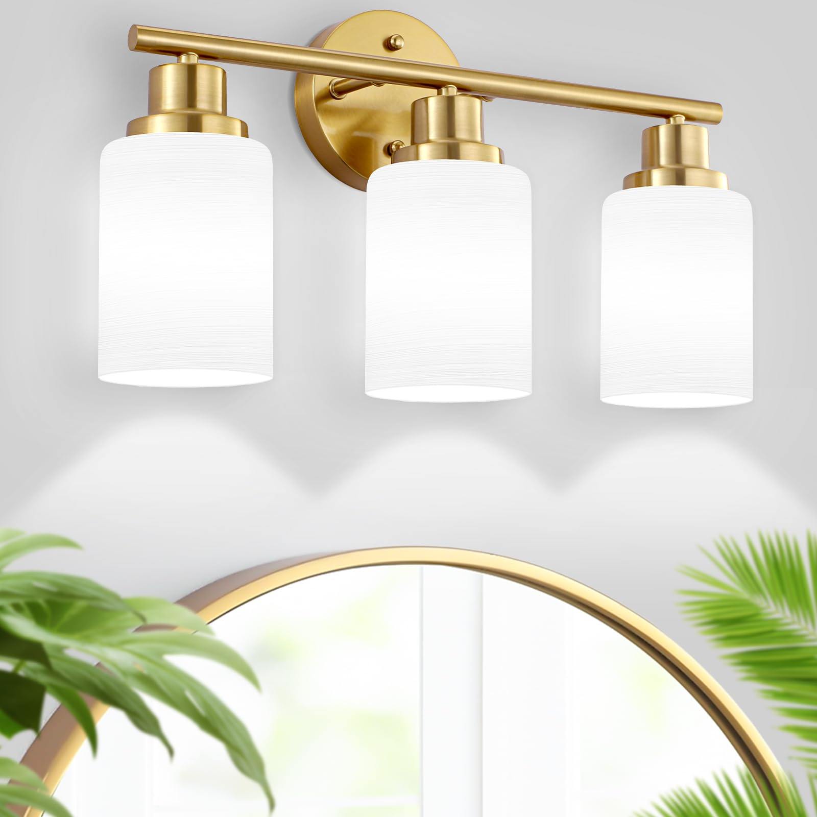 Guliaofo 3-Light Vanity Light Fixture, Brushed Gold with Milky White Frosted Glass Shade, Model Gu-111-LWNBJ-3