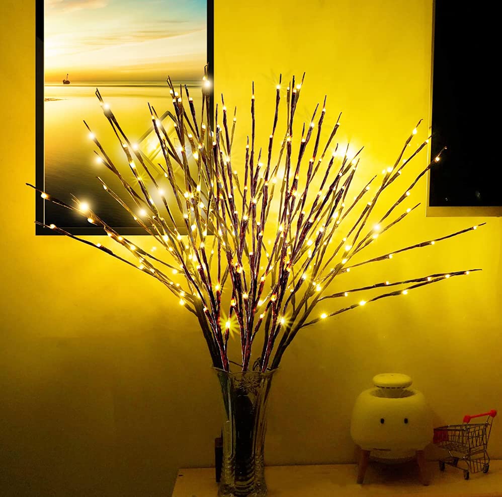 Dk177 4 Pack Led Branch Light Battery Operated Lighted Branch Vase Filler Willow Tree Artificial Little Twig Power Brown 30 Inch 20 Led For Home Romantic Decoration, Warm White