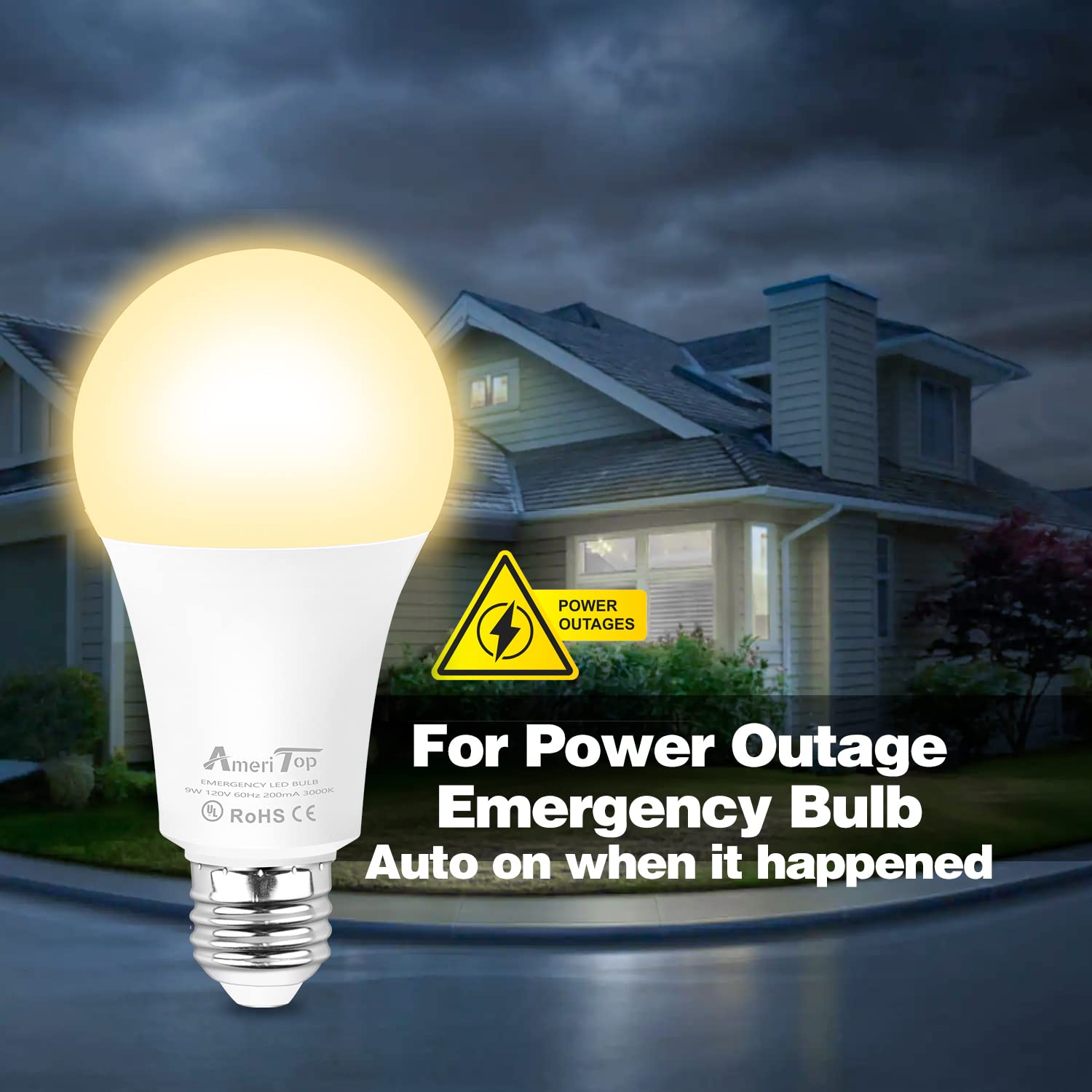 AmeriTop 4 Pack Rechargeable LED Light Bulbs, 9W (60W Equivalent), 850 Lm, 3000K Warm White, E26 Base for Emergency, Camping,