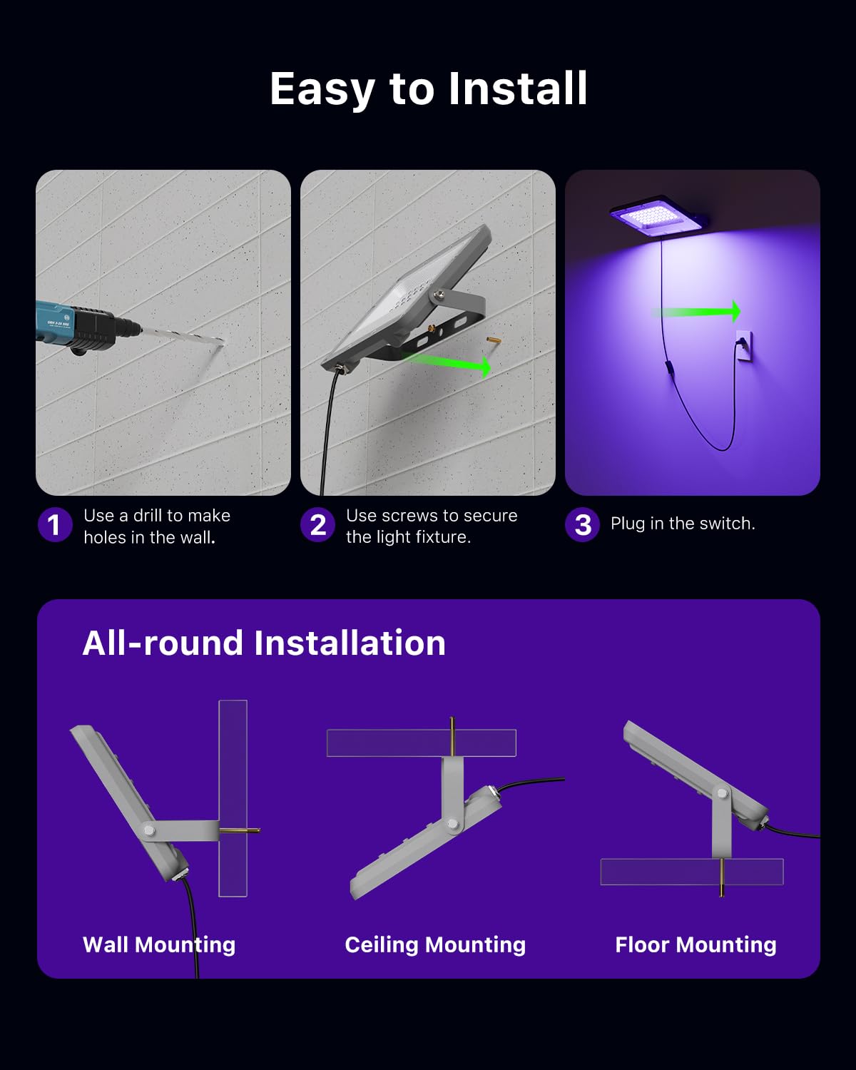 FALOVE 4 Pack 50W Blacklight Flood Lights, IP66 Waterproof UV LED, Violet, Model WG0504-WRGB for Glow Parties & Fluorescent Decor