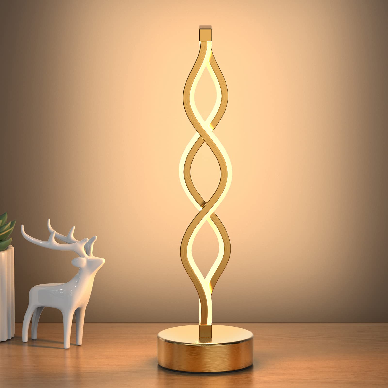 Nur Gold Infinity Spiral Led Table Lamp, Lamps For Bedrooms Dimmable Metallic Bedside Lamp With Touch Controller, 3 Colour Tempe