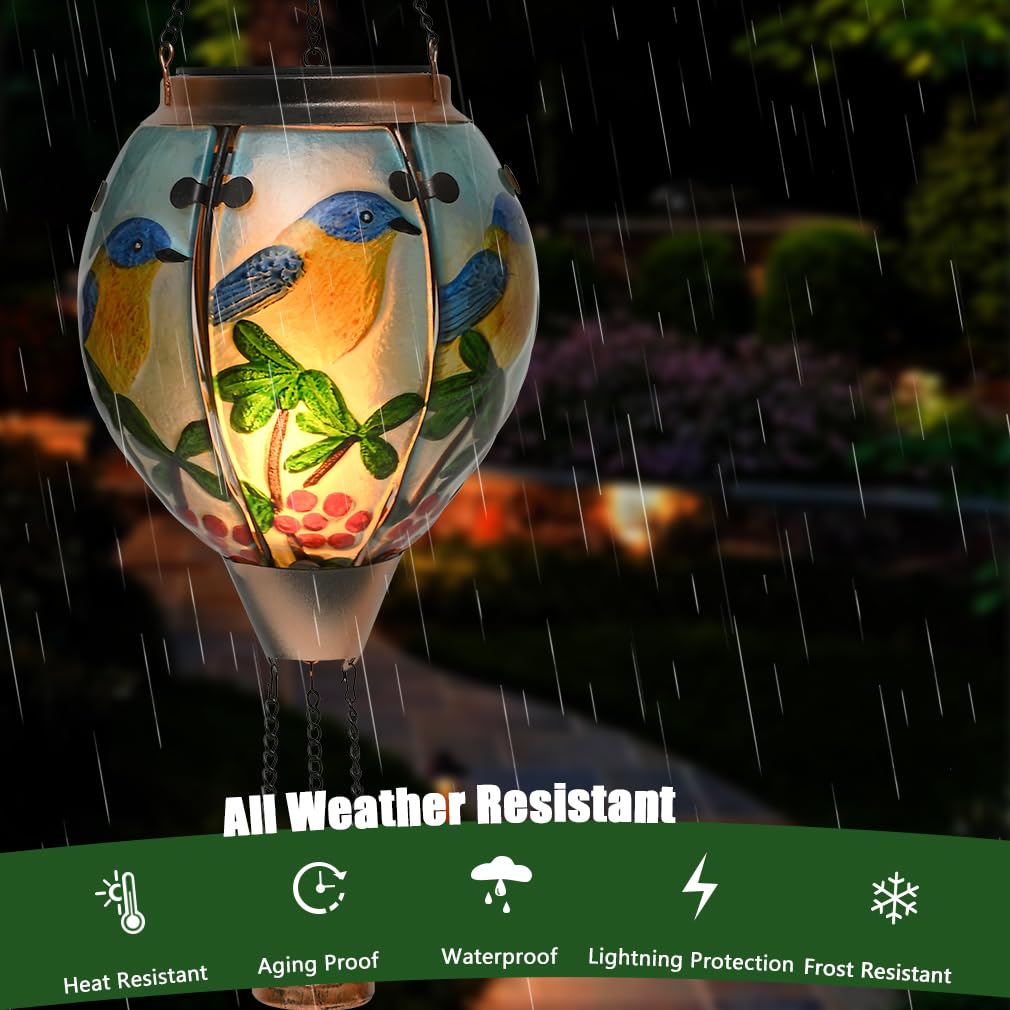 Hot Air Balloon Solar Lantern - Bluebird Glass Lantern  Simulated Flickering & Dancing Flame  Outdoor Hanging Yard Light Waterproof Ip65 For Patio Lawn Porch Decor Gift