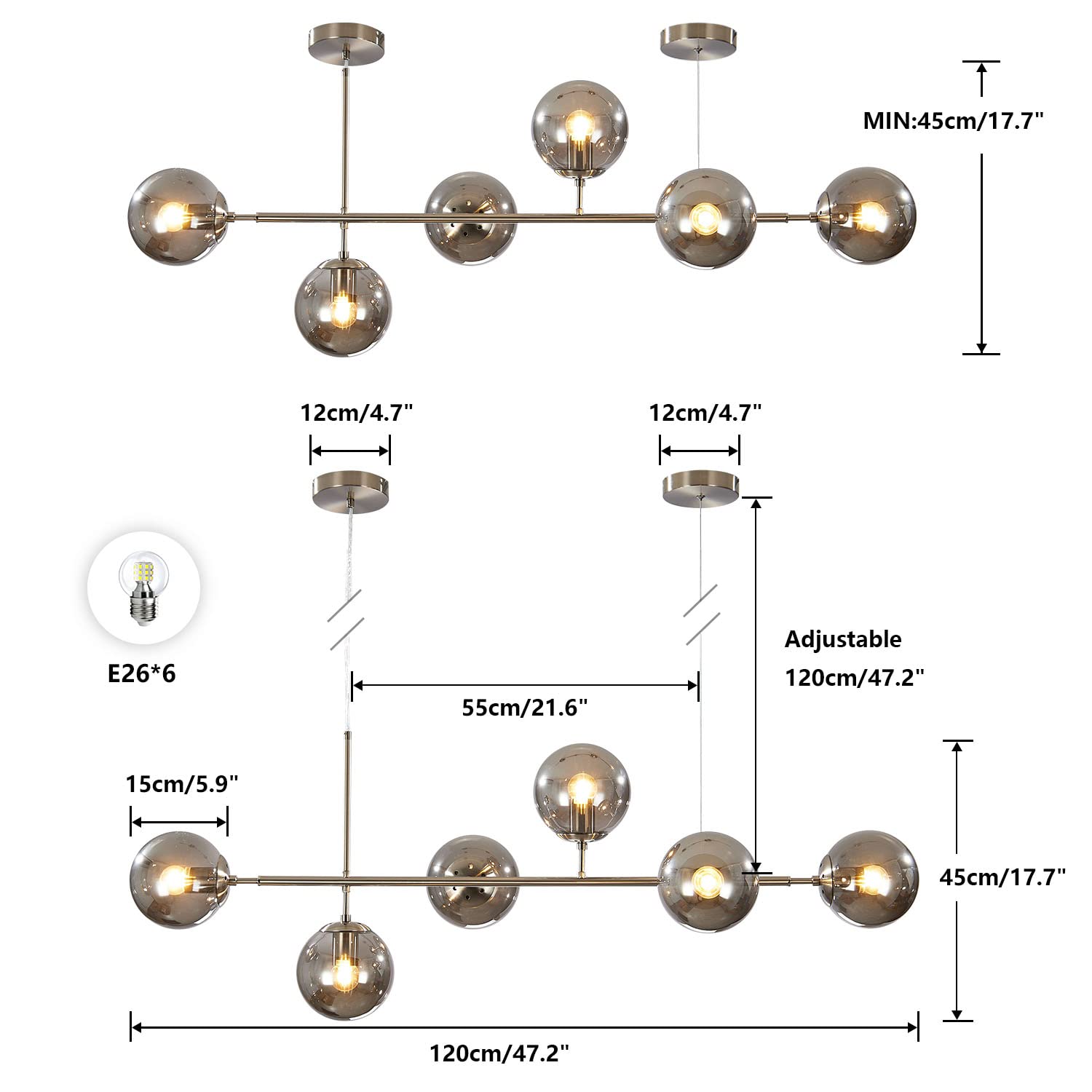 KCO 6-Light Modern Ceiling Pendant Lamp - Adjustable Mid-Century Chandelier in Silver & Smoke Grey for Kitchen Island & Dining Room