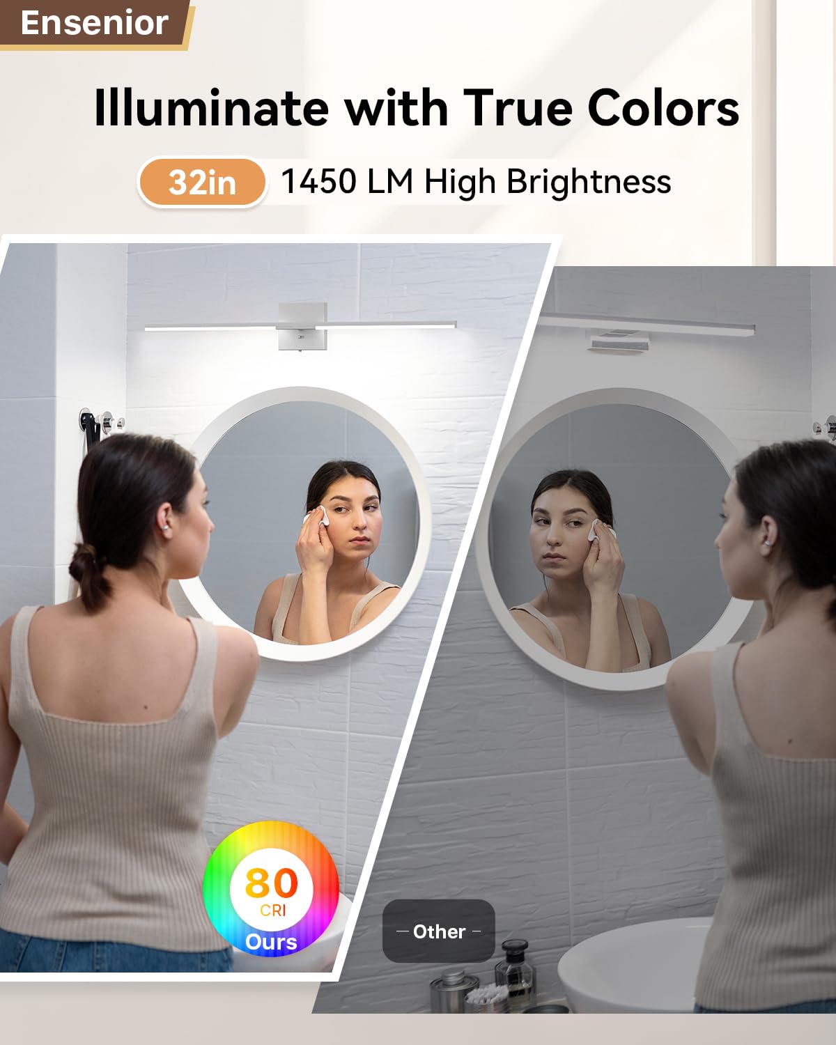 Ensenior Modern Vanity Light 32 Inch, Built-In Dimmer, 20W Dimmable 5Cct Led Light Fixture Over Mirror, Silver Bar For Bathroom