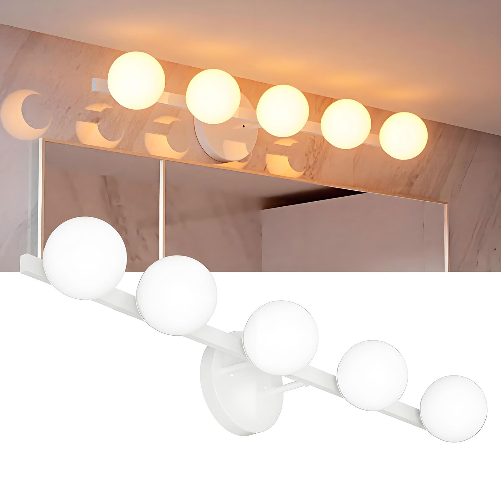Lightdot 5-Light Bathroom Vanity Light, Modern White with Globe PC Lampshade, Rust-Proof, 31in Over Mirror Fixture