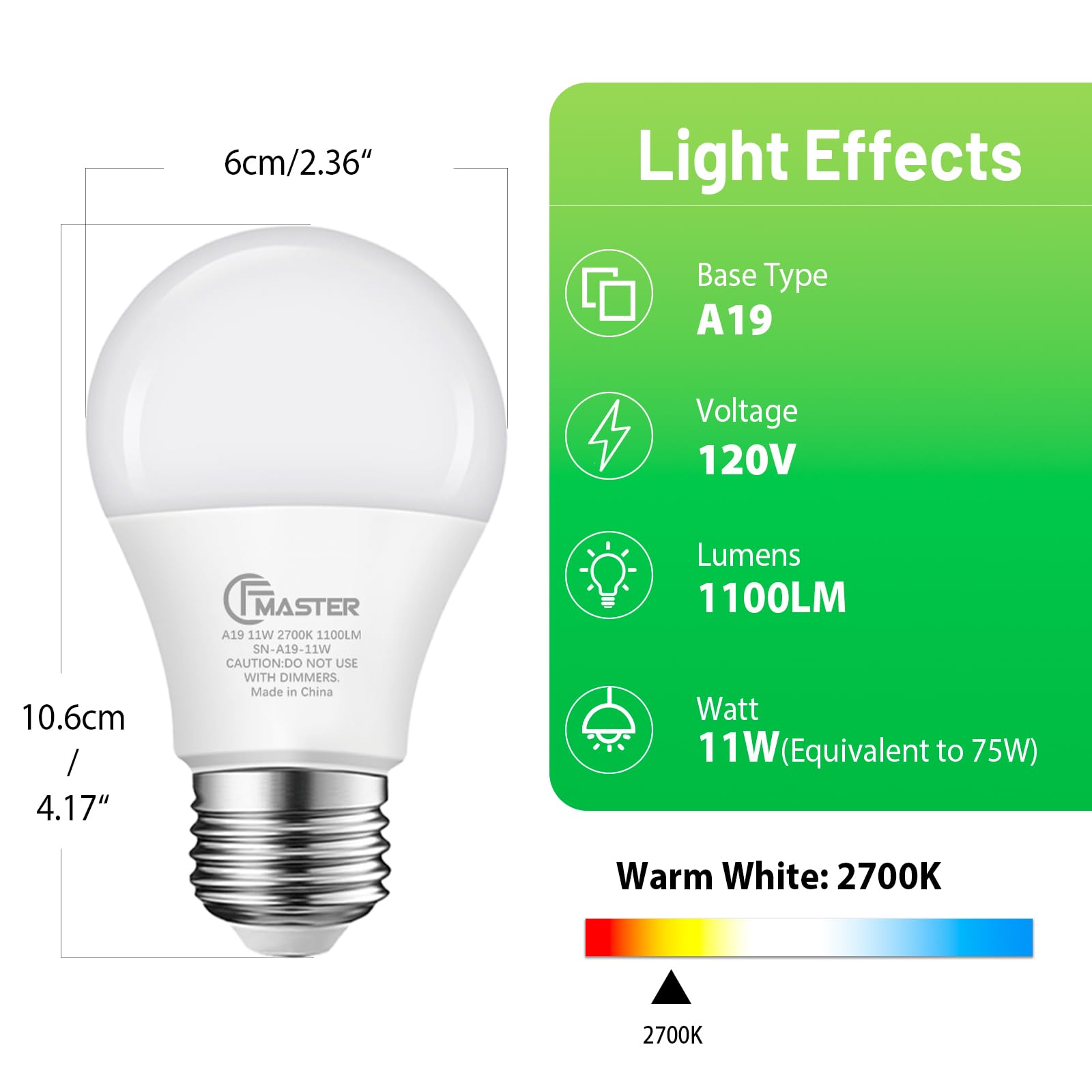 Jiangsiling A19 Led Light Bulb, 75W Equivalent Led Bulb, 11W 2700K Warm White, 1100 Lumens, Non-Dimmable Light Bulbs, Cri 85+, N