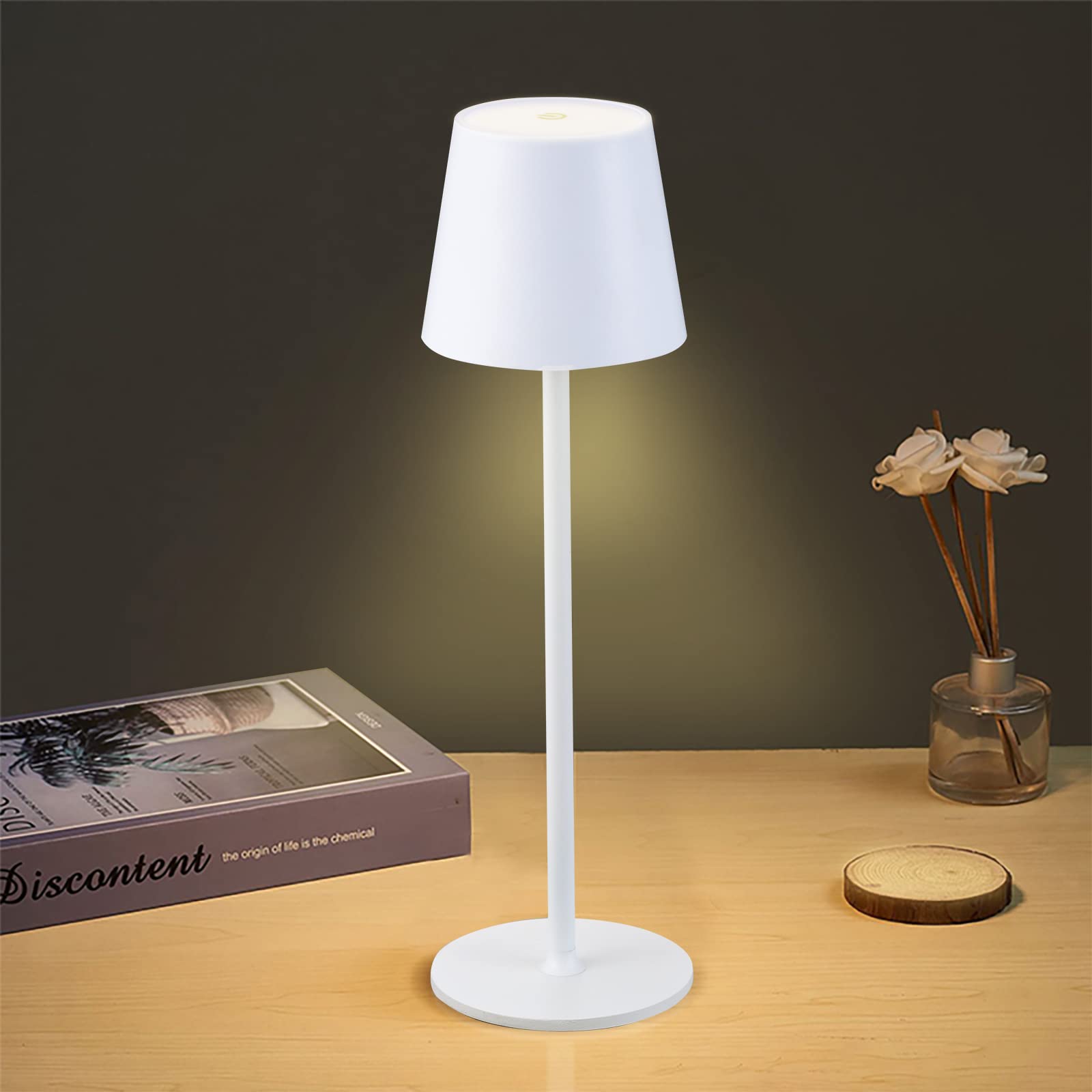 IMQSQIK Cordless Table Lamp, USB Rechargeable, Touch Control, 4600 mAh Battery, Aluminum, White, Model Ue566