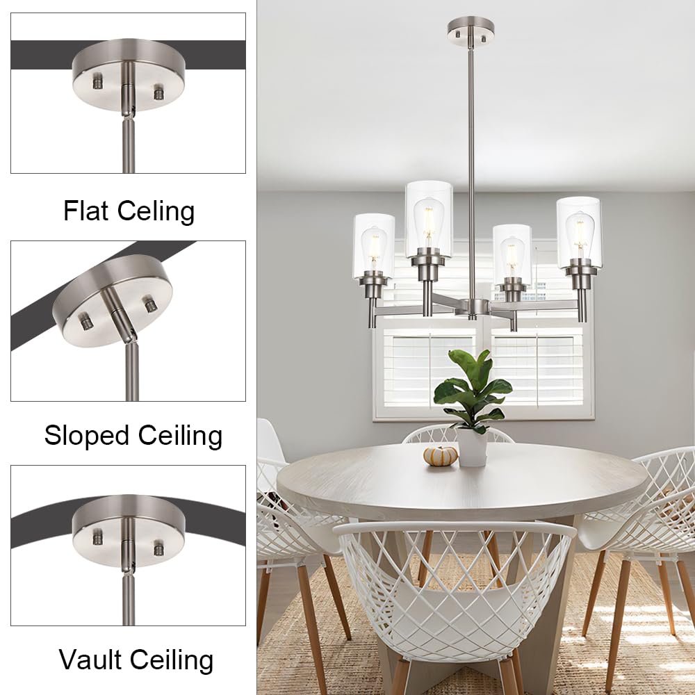VINLUZ 4 Light Modern Chandelier Brushed Nickel Pendant Lighting for Dining Room, Kitchen, Living Room - Model 210-4SN, Clear Glass Shades