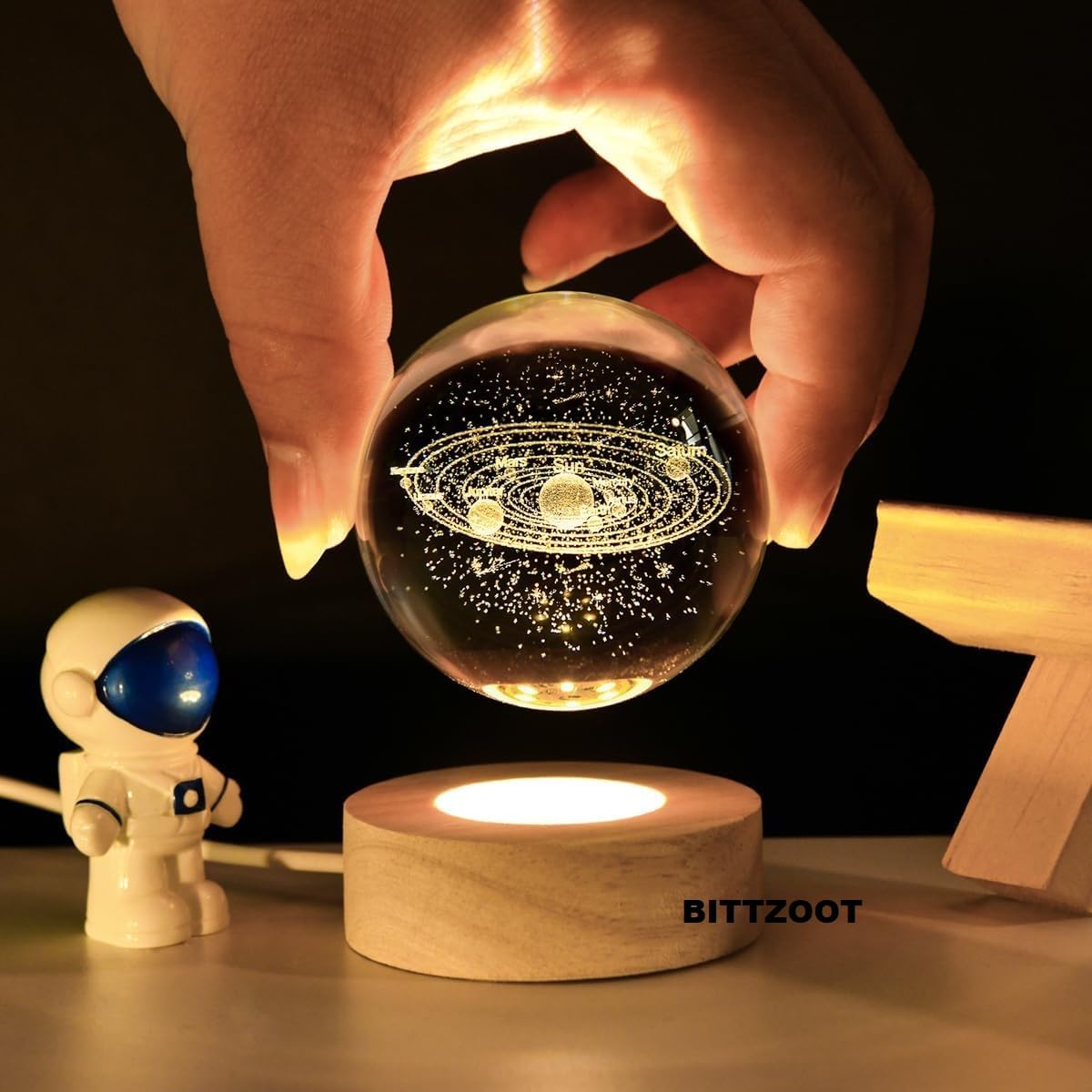 BITTZOOT 3D Galaxy Crystal Ball Night Lamp,Solar System Crystal Ball Night Light, USB Table Colorful LED Wooden Crystal Ball for