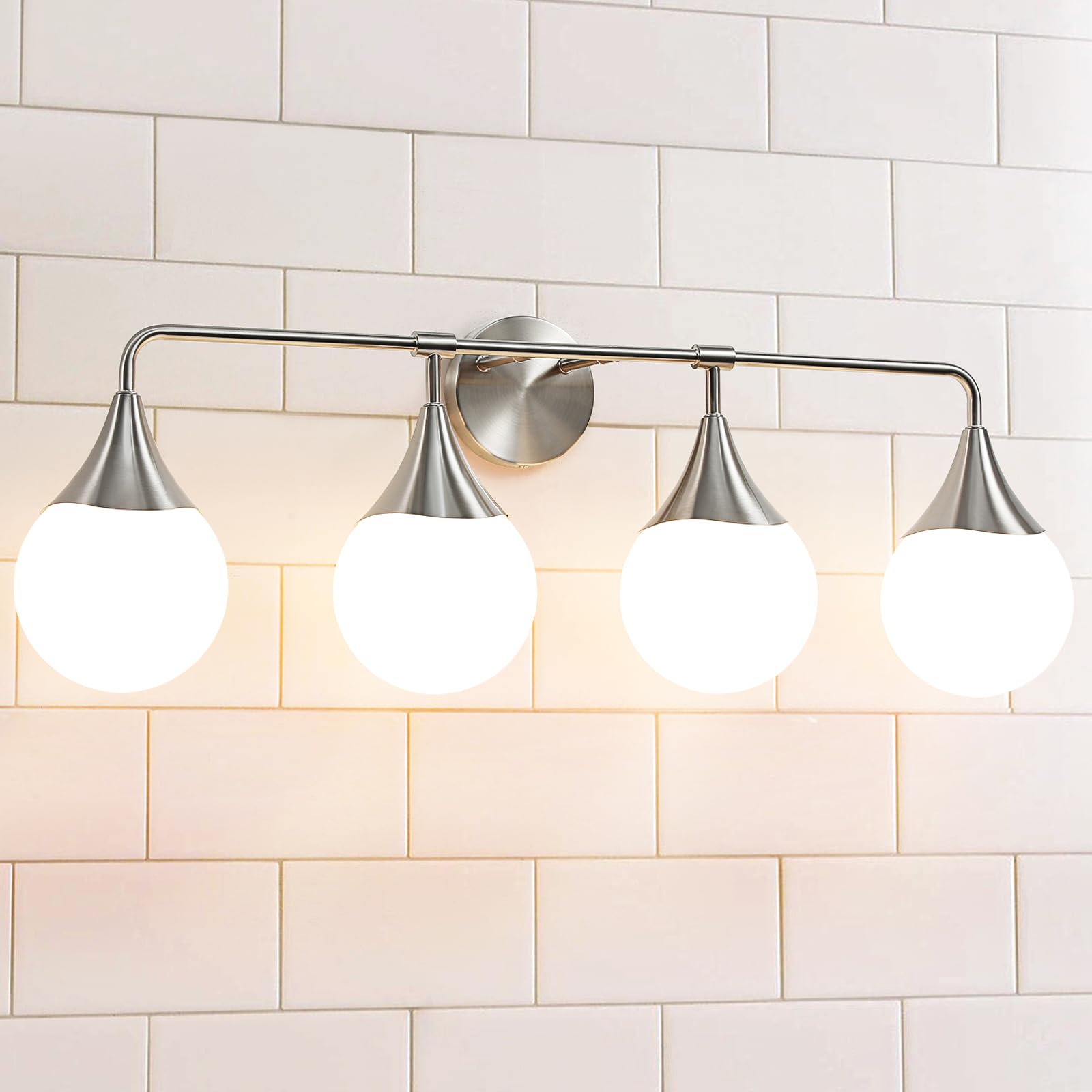 Hahzt Bathroom Vanity Light Fixtures: 4 Lights Mid Century Modern Bathroom Lighting Fixtures Over Mirrors - Brushed Nickel Wall Sconce With Milky Glass Ball Shades For Bath Bedroom