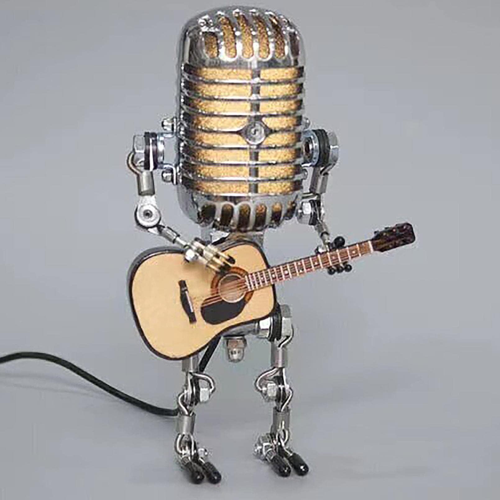 Generic Vintage Microphone Guitar Lamp - USB Powered, Silver, Retro Design for Music Lovers and Guitar Players