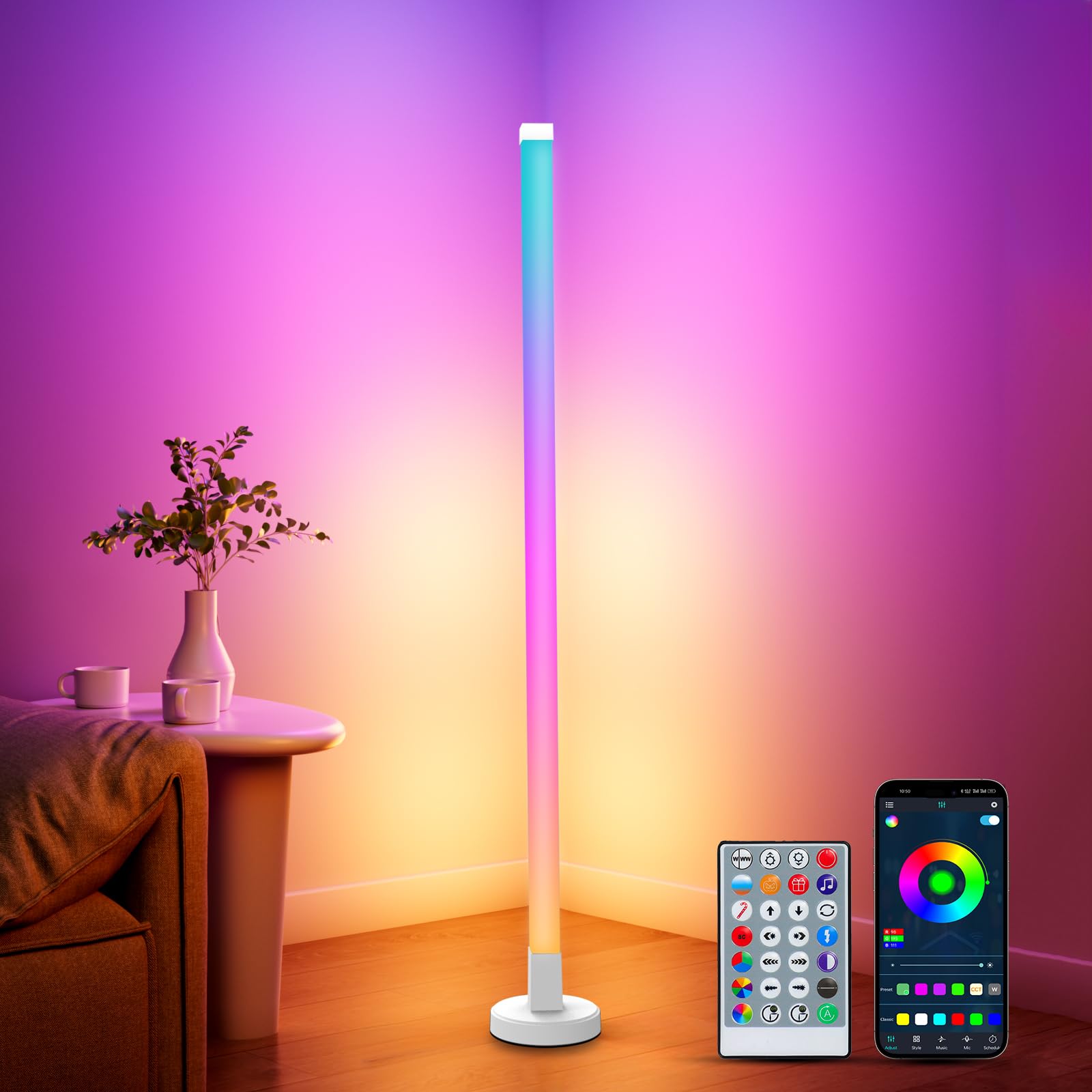 KEIWRLIGHT Corner Floor Lamp, RGB LED, Smart App & Remote, 16 Million Colors, Music Sync, Medium Size, White, Model JSK-P70