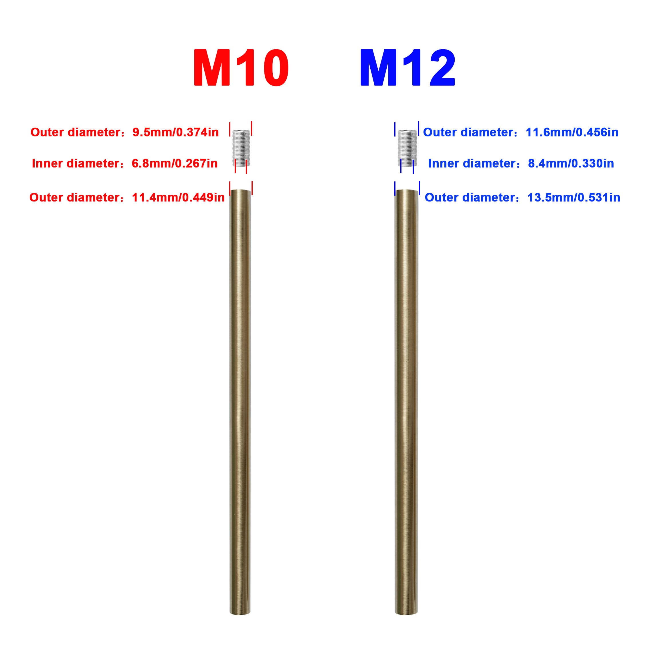 HALIGATE 12-Inch Polished Brass M12 Threaded Extension Rod for Pendant Lights, Chandeliers, and Island Lighting