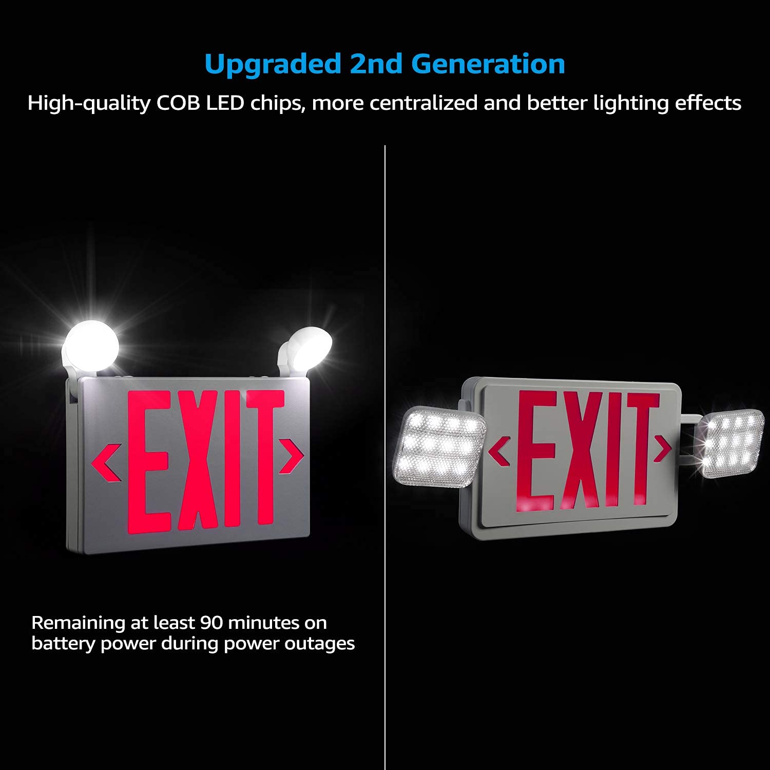 Torchstar Red Led Exit Sign With Emergency Lights, Ul 924, Emergency Exit Light With Battery Backup, Adjustable Heads, Fire Exit Sign With Lights, Double Face, Ac 120/277V, Damp Location, Pack Of 4