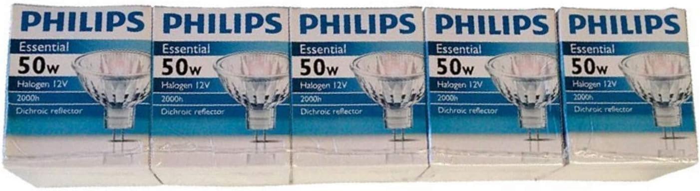 Philips Halogen Light Bulbs / Landscape Indoor Or Outdoor Flood / Dimmable 50W Mr16 12V 2 Pin 36 Angle Gu5.3 Base (Pack Of 5)