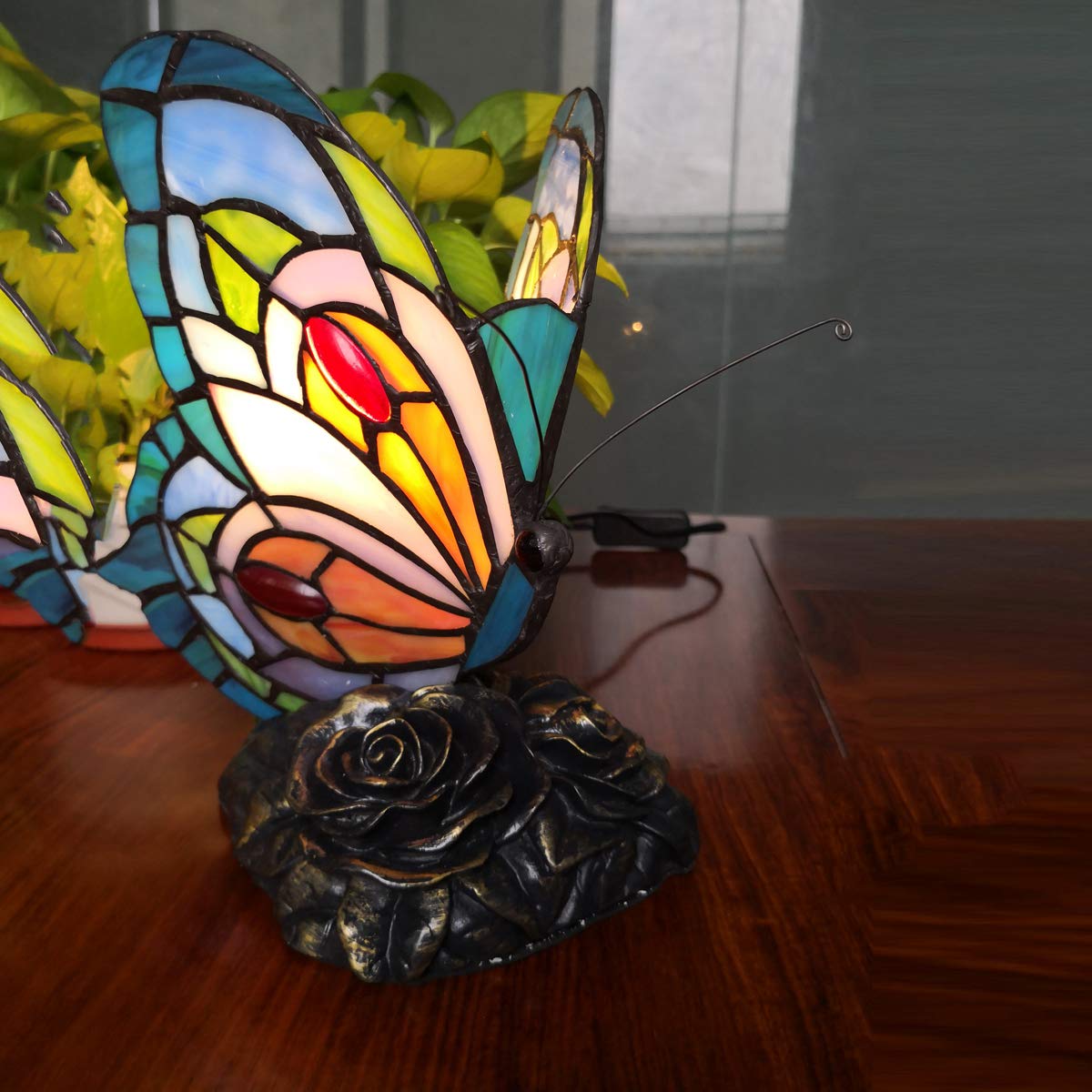 Fumat Bedside Table Lamp Led Tiffany Blue Fairy Butterfly Nightstand Table Lamps Stained Glass Shade On Off Switch Home Office D