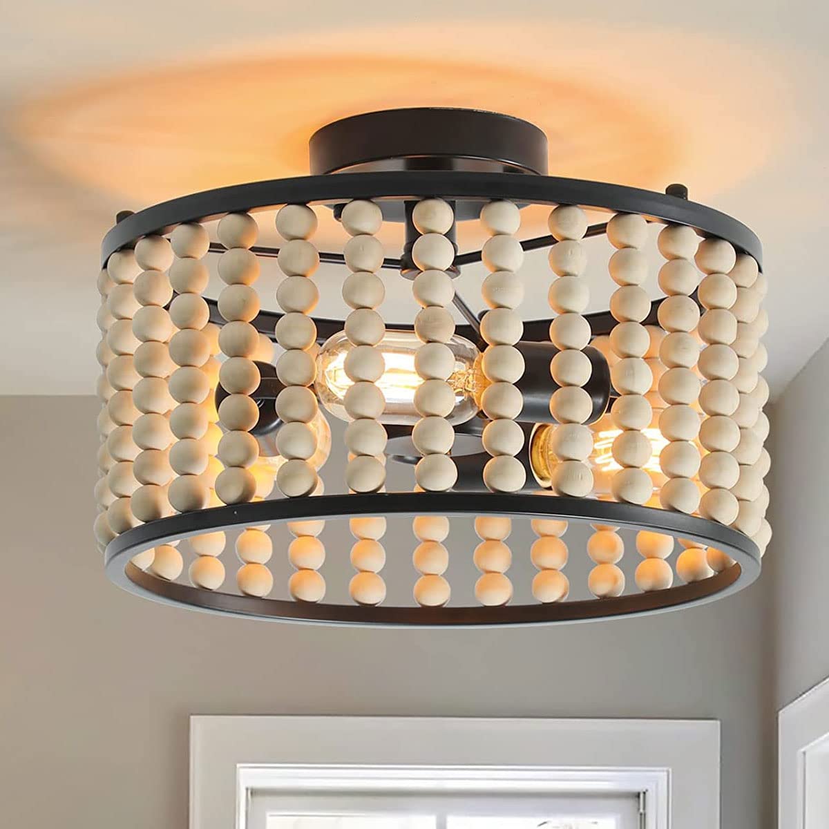 Tewei Wood Bead Chandelier - Rustic Boho Semi Flush Mount Ceiling Light For Kitchen & Living Room