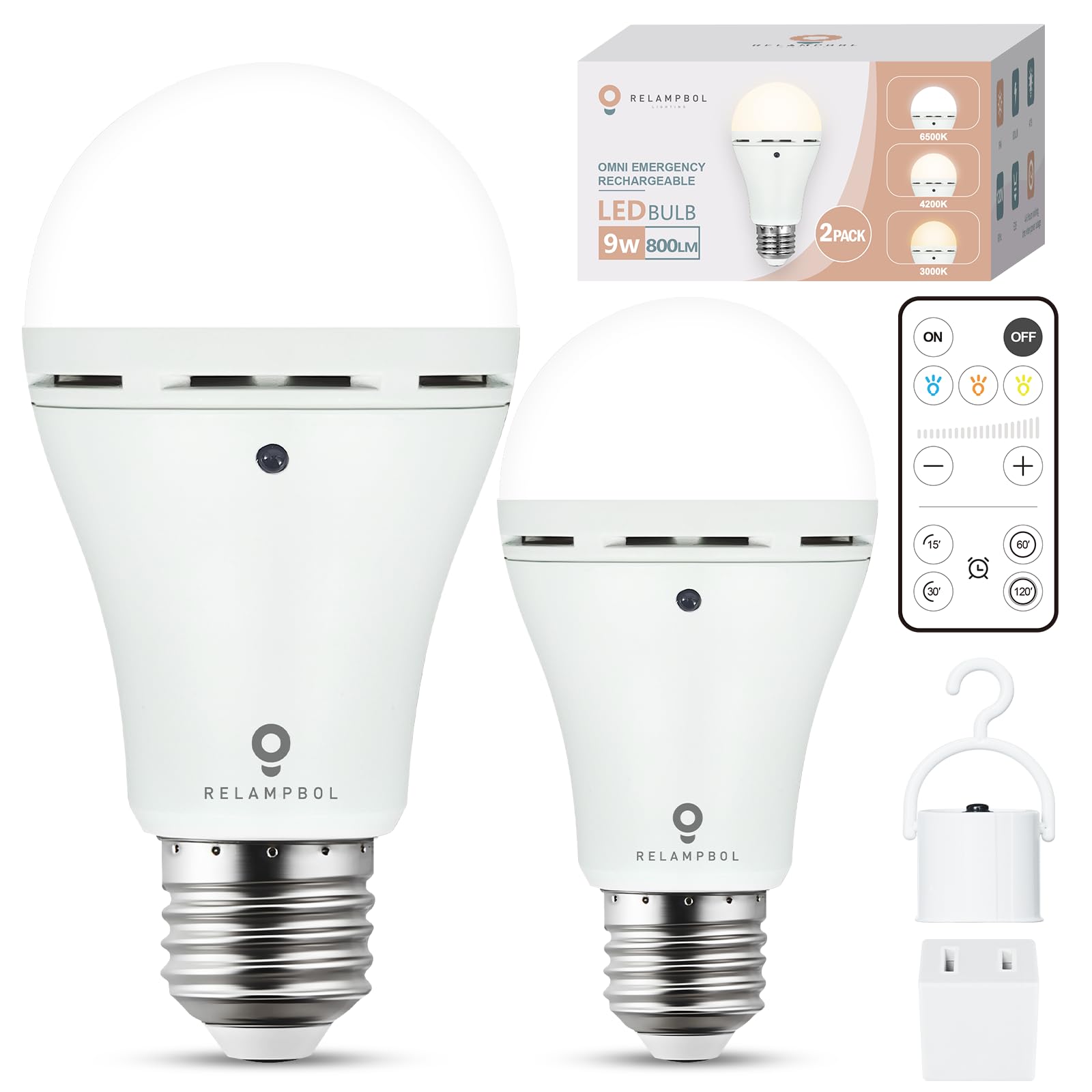 Relampbol 2 Pack Omni Rechargeable Emergency Light Bulbs With Remote, Battery Powered Wireless 3 Color Shift Dimmable A19 Up To 