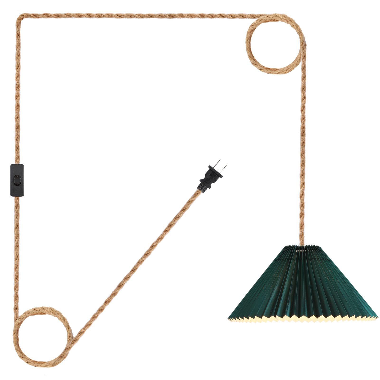 Aomicron Hanging Light With Plug In Cord,Pendant Light Green Lamp Shade And Hemp Rope Cord Plug Into Wall Outlet