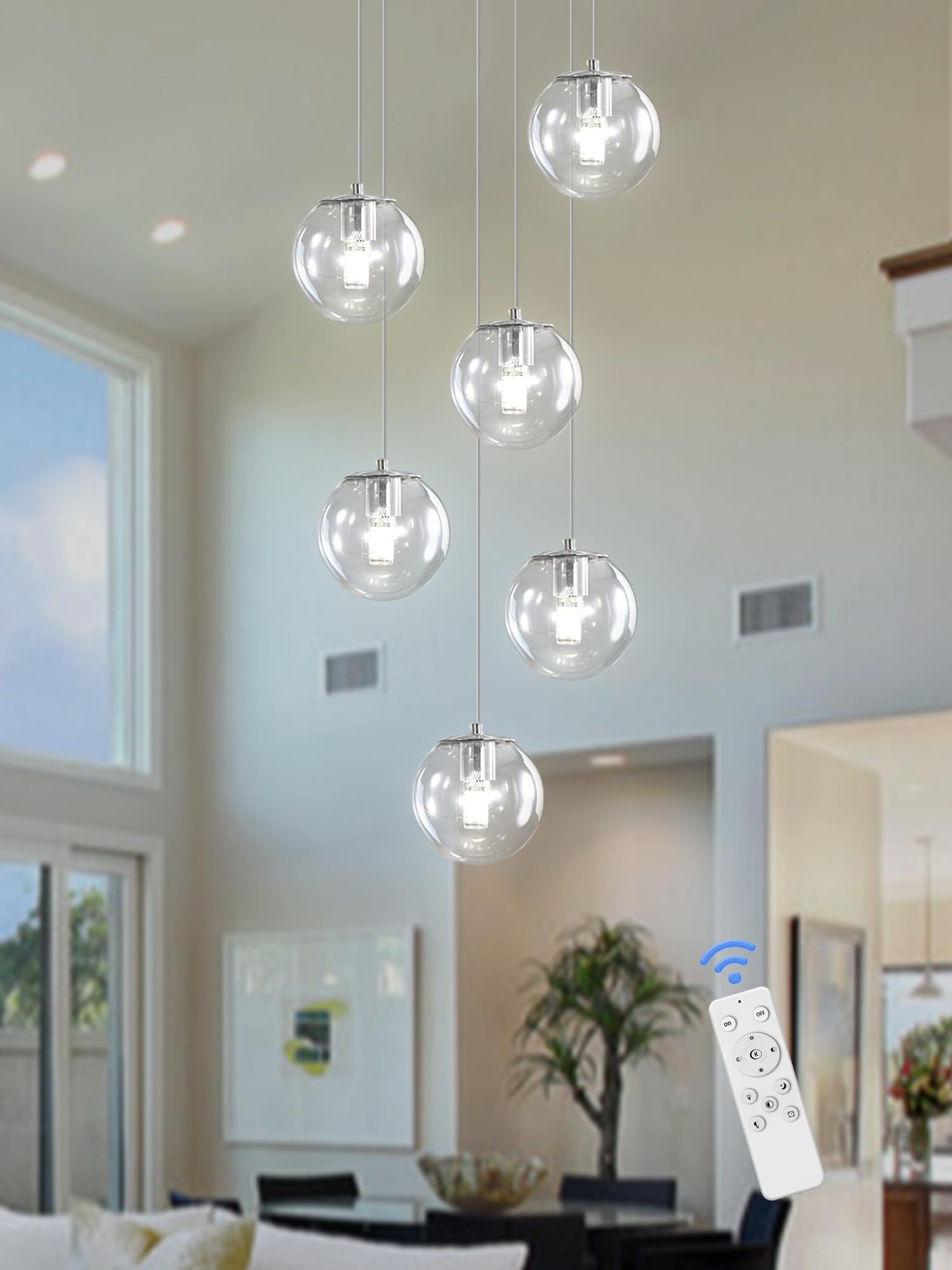 ykolupty Silver 6-Light LED Chandelier - Clear Glass Balls, Dimmable Pendant Lights for High Ceilings, Modern Entryway Lighting
