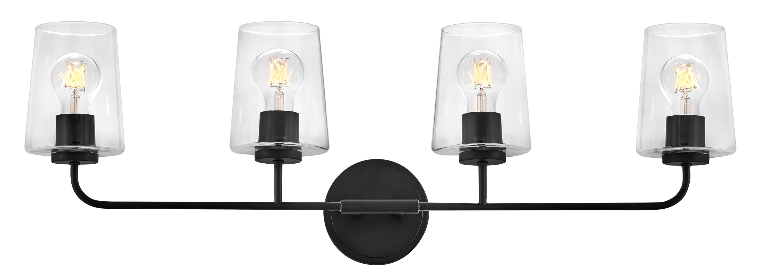 Lark Kline Four Bulb Bath Vanity Light - Tapered Clear Glass Shades, Mount Up or Down, Elongated Arms - Black Finish