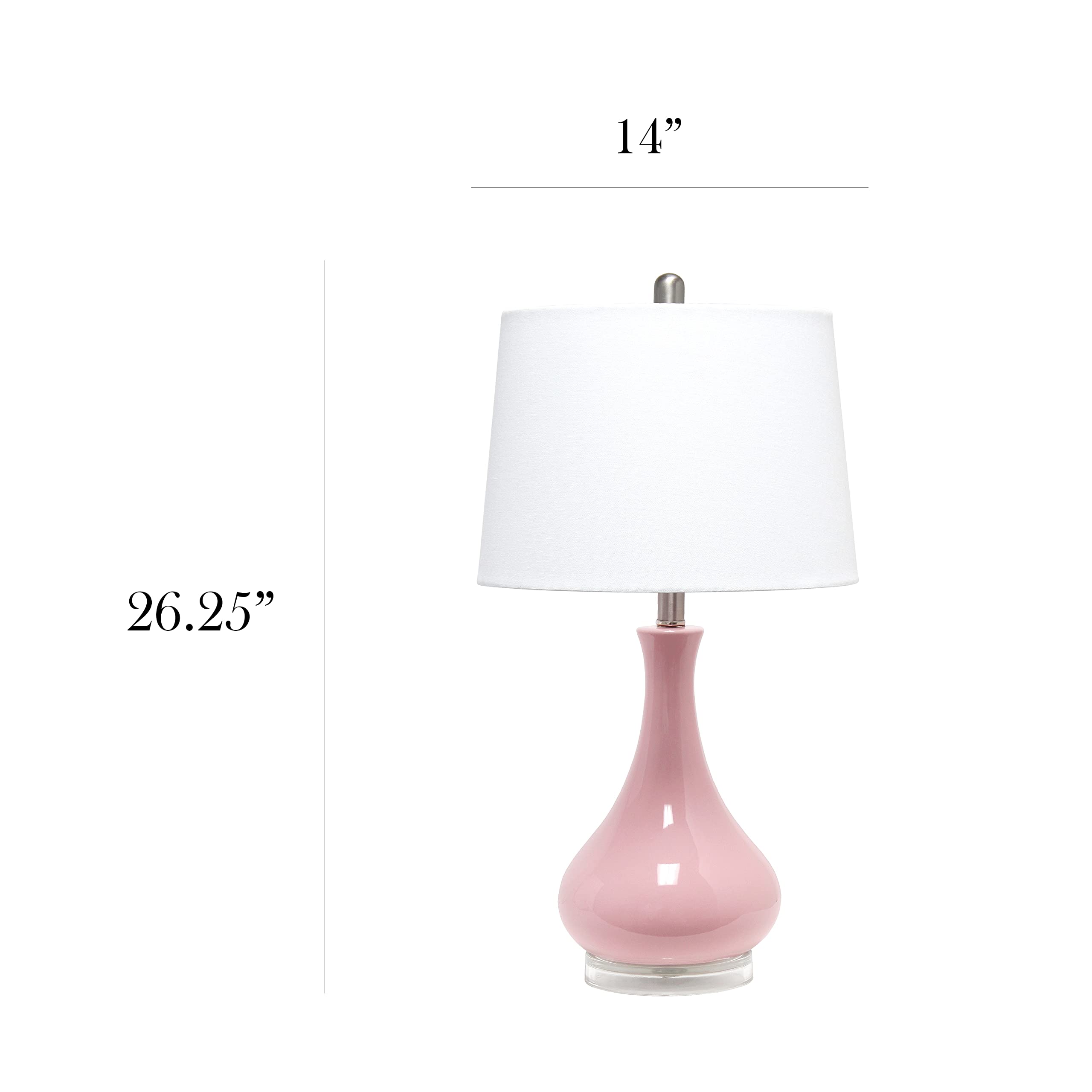 Elegant Designs LT3312-RPK Ceramic Table Lamp, 14"x14"x26.25", Glossy Rose Pink, Fabric Shade, Tear Drop Shape