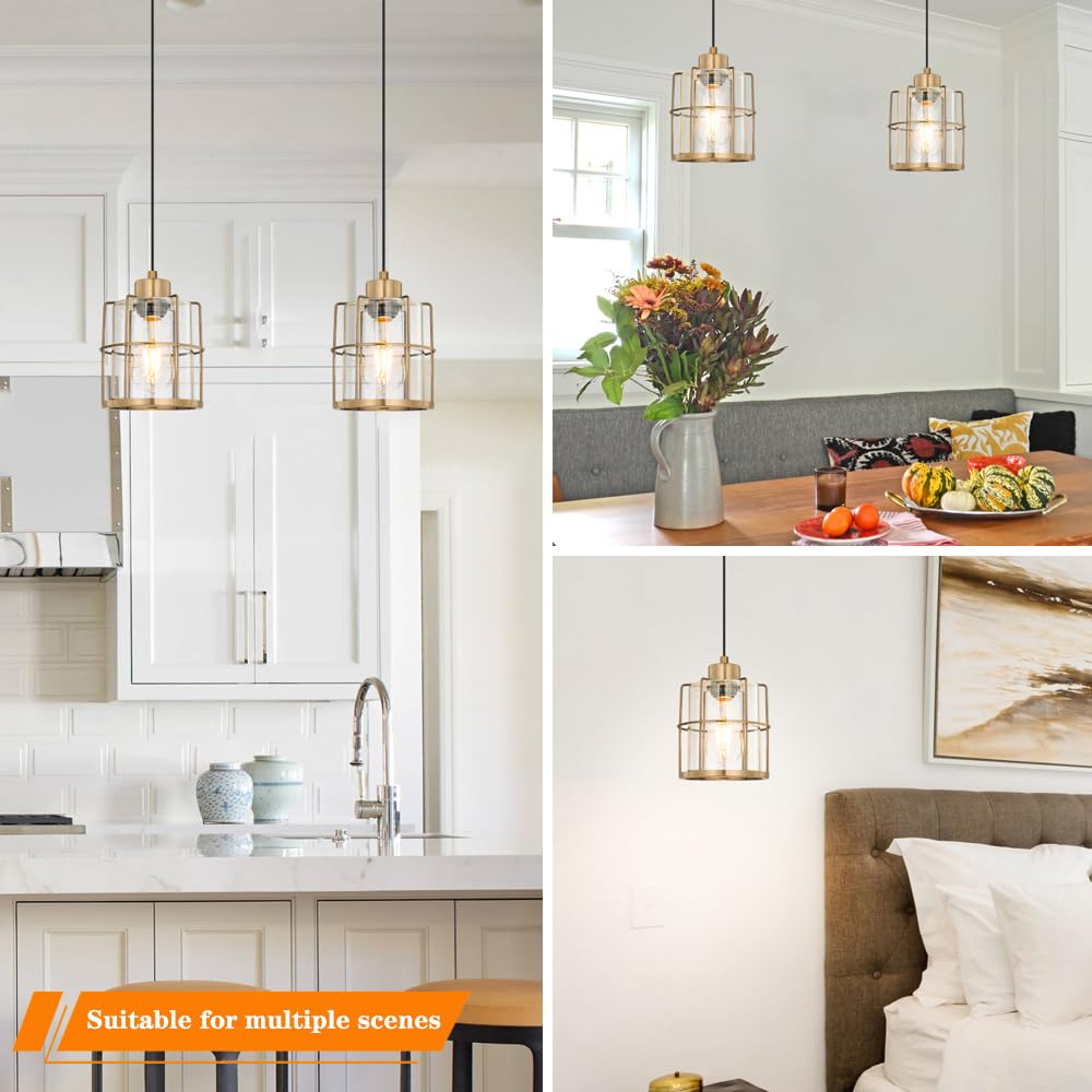 Modern Gold Clear Glass Cylinder Farmhouse Pendant Light Fixture, Kitchen Island Brass Light Fixture, Pendant Medium Hanging Lig