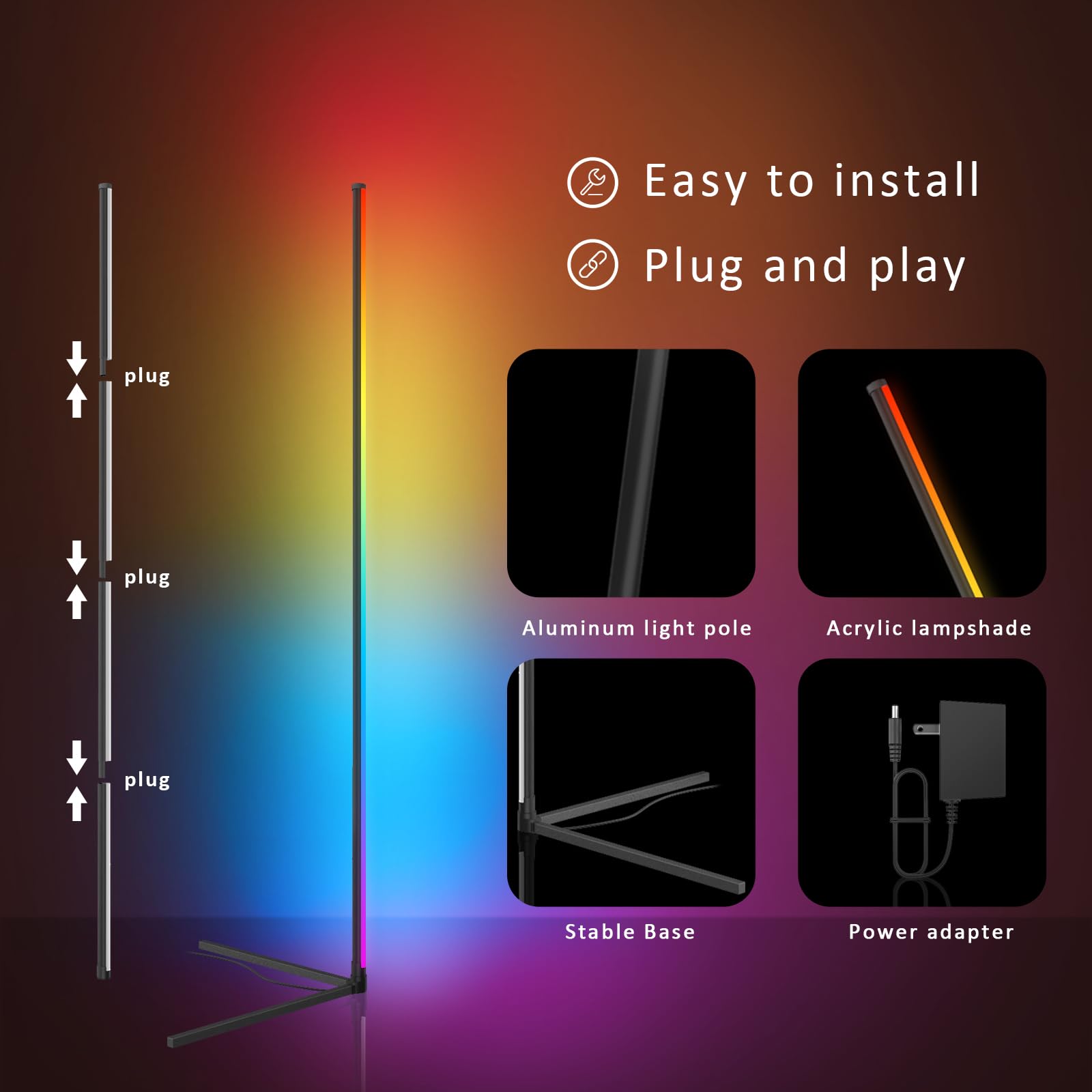Tyute LED Corner Floor Lamp - 68+ Scenes, 16M Colors, 65" Smart RGB, Black Acrylic, Model LDD-CA, Mood Lighting for Bedroom & Gaming Room