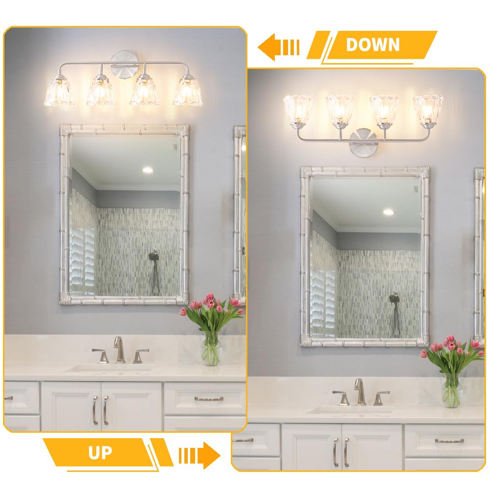 Daunton Vintage 4-Light Brushed Nickel Bathroom Light Fixtures, Elegant Bathroom Vanity Lights Over Mirror, Vanity Lighting For