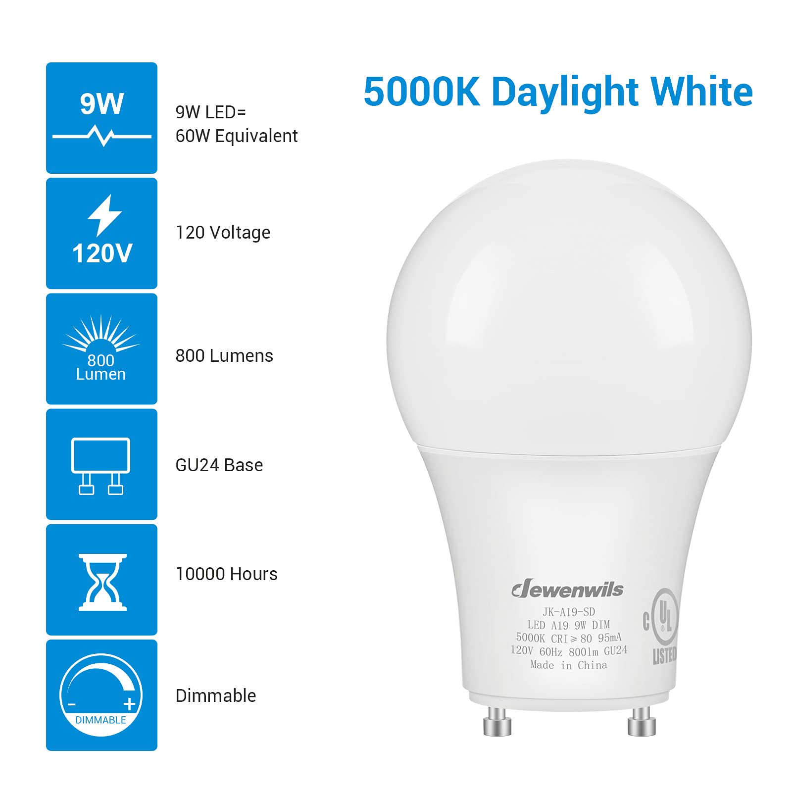Dewenwils Gu24 Led Light Bulb, 60W Equivalent, Dimmable 2 Prong Light Bulbs, 5000K Daylight White, 9W 800 Lumens, A19 Shape Bulb