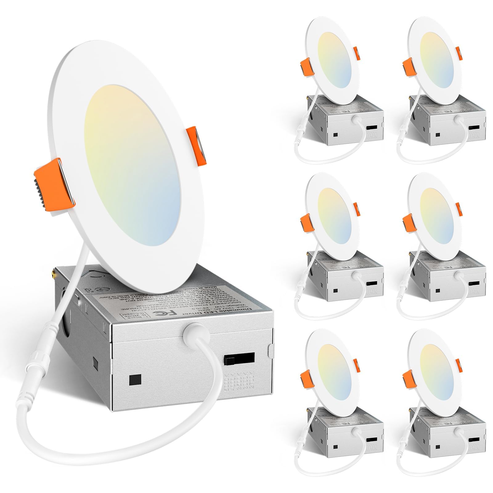 Amico 6 Pack 4 Inch 5CCT Ultra-Thin LED Recessed Ceiling Light with Junction Box, 2700K/3000K/3500K/4000K/5000K Selectable, 11W 
