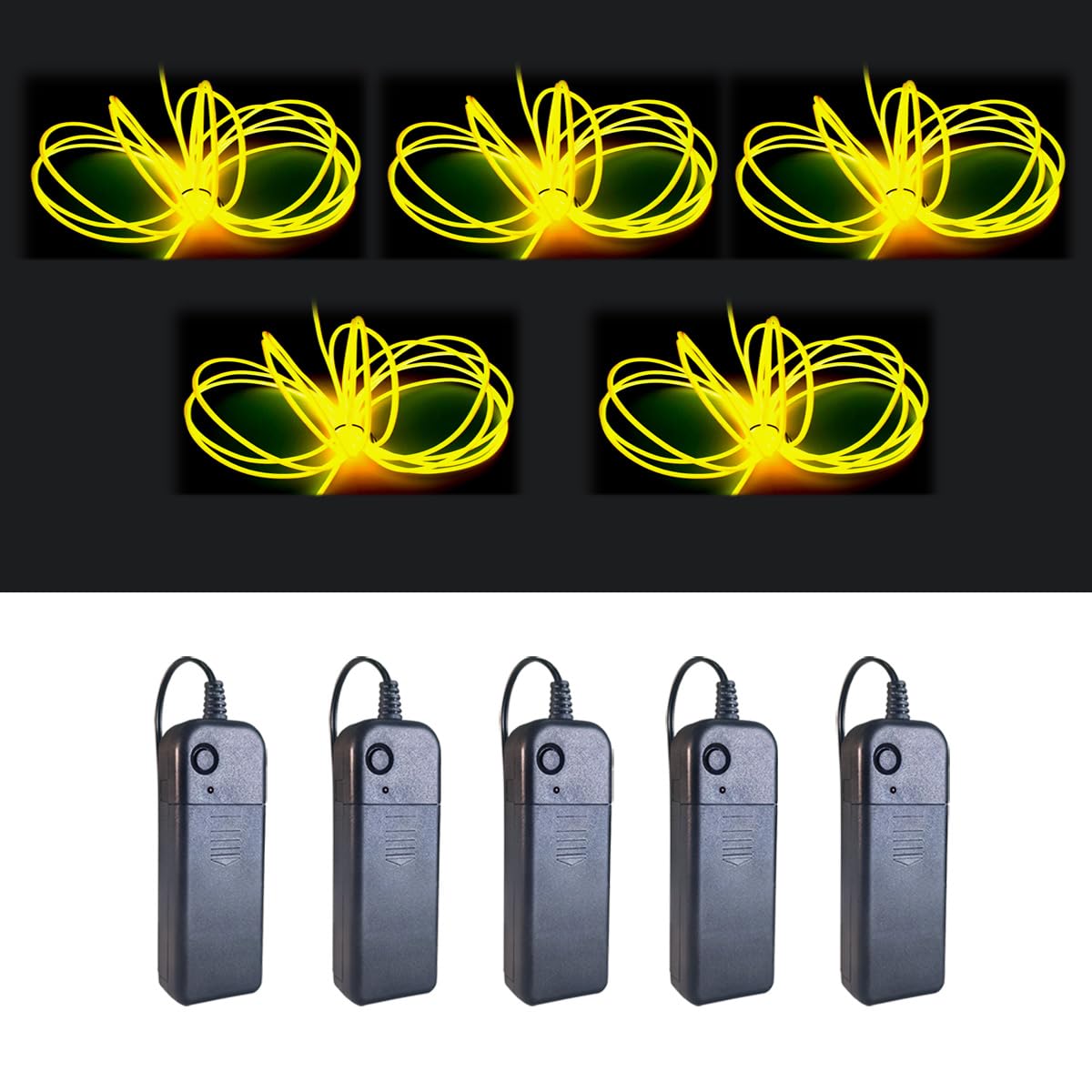 MaxLax EL Wire 5 Pack, 9ft Neon Light Wire Noise Reduction with Battery Pack (9ft-Yellow)
