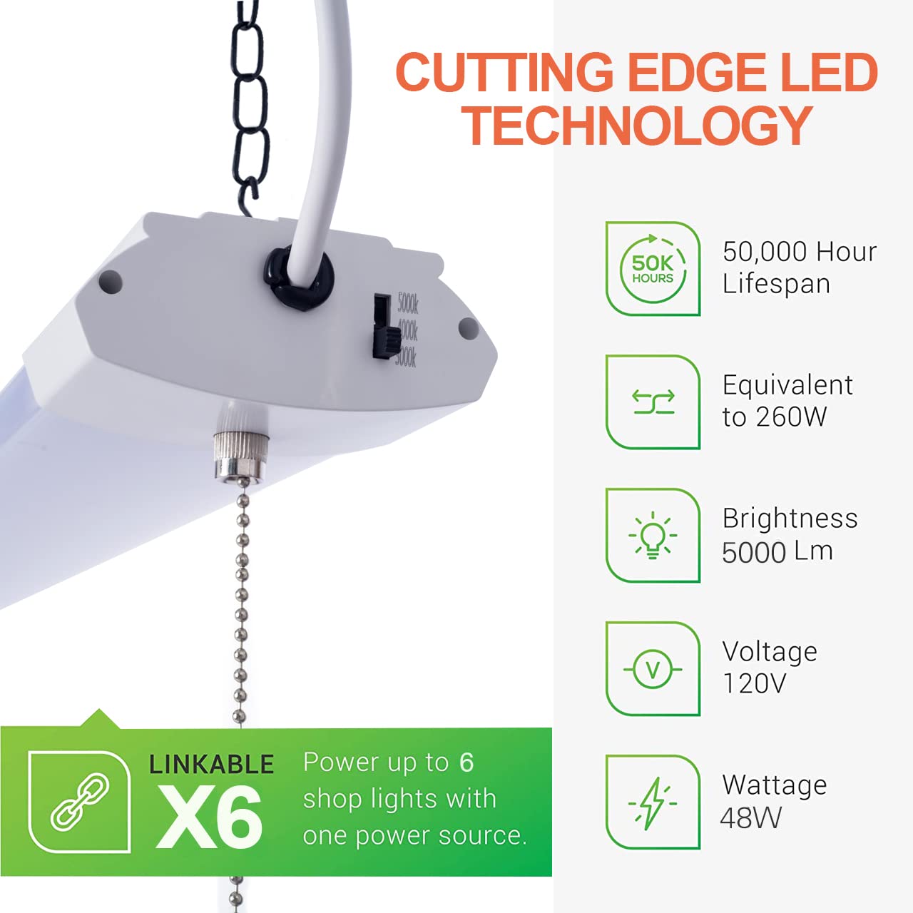 HOLDWILL LED Shop Light 4FT 48W Linkable Integrated Ceiling Fixture, Daylight White, Aluminum, Model HWTLSL-4FT48W