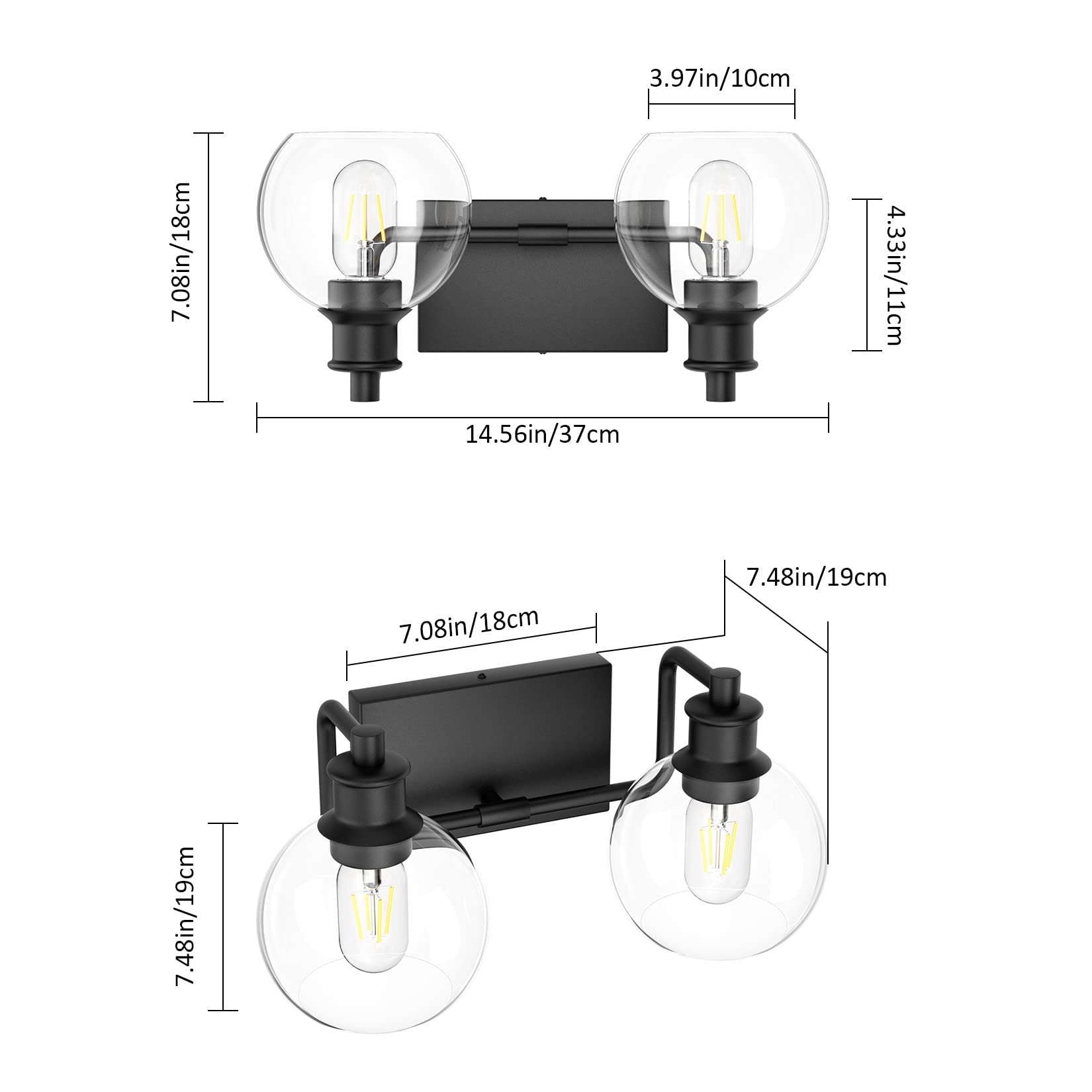 Tipace Black 2-Light Industrial Bathroom Vanity Light Fixture With Clear Glass Globe Sconces