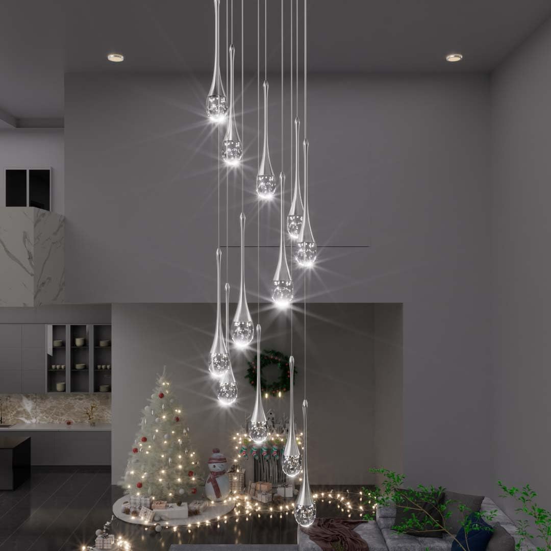 ykolupty H120 Long Crystal Raindrop Chandelier 12 Lights Foyer Pendant Lighting Entrwey High Ceiling Chandeliers LED Dimmable