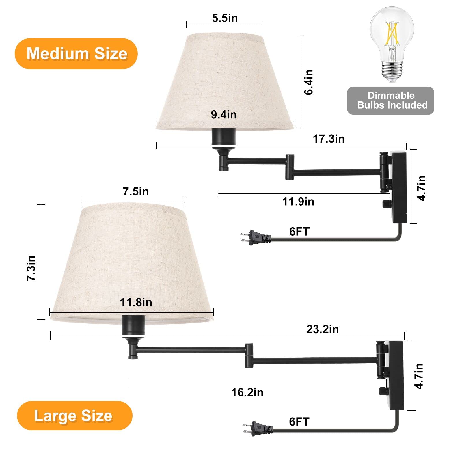 TRLIFE Dimmable Wall Sconce Set of 2, Large Beige Fabric Shade, Swing Arm, Metal, Model BYsconce-L-Bei, Includes 2 Bulbs