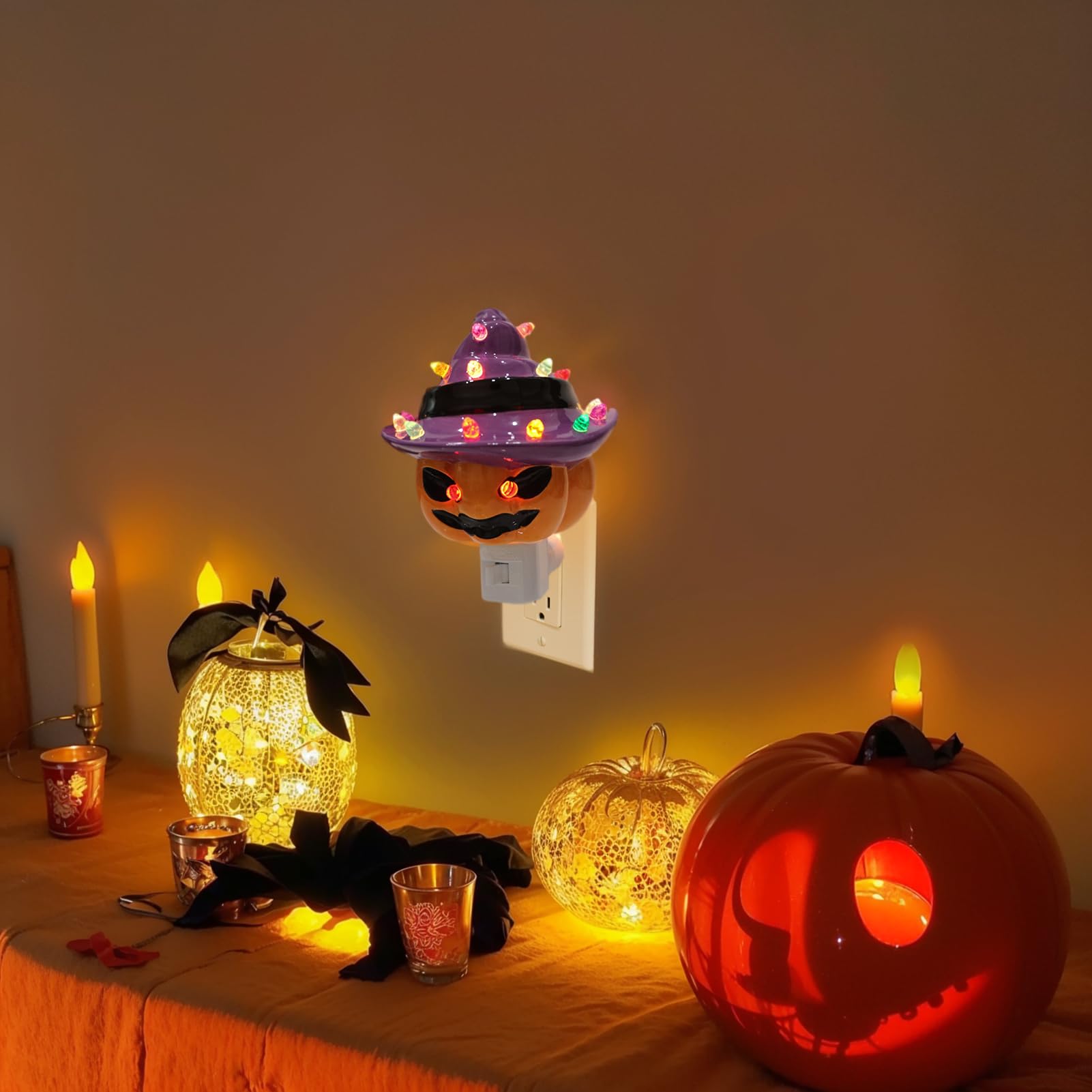 Lasumora Halloween Decorations  Ceramic Pumpkin In Witch Hat Plug-In Night Light  Vintage Halloween Decorative Night Light With 17 Bulbs  Halloween Decor Indoor For Party Gift Bedroom & Hallway
