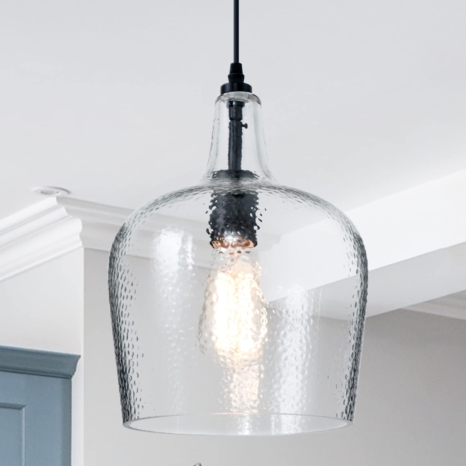 Elyccupa Glass Pendant Light Modern Black 1 Light Single Dome Pendant Lighting Fixtures For Kitchen Island Dining Room Hallway, Wide 10 Inch, E26, Ul Listed