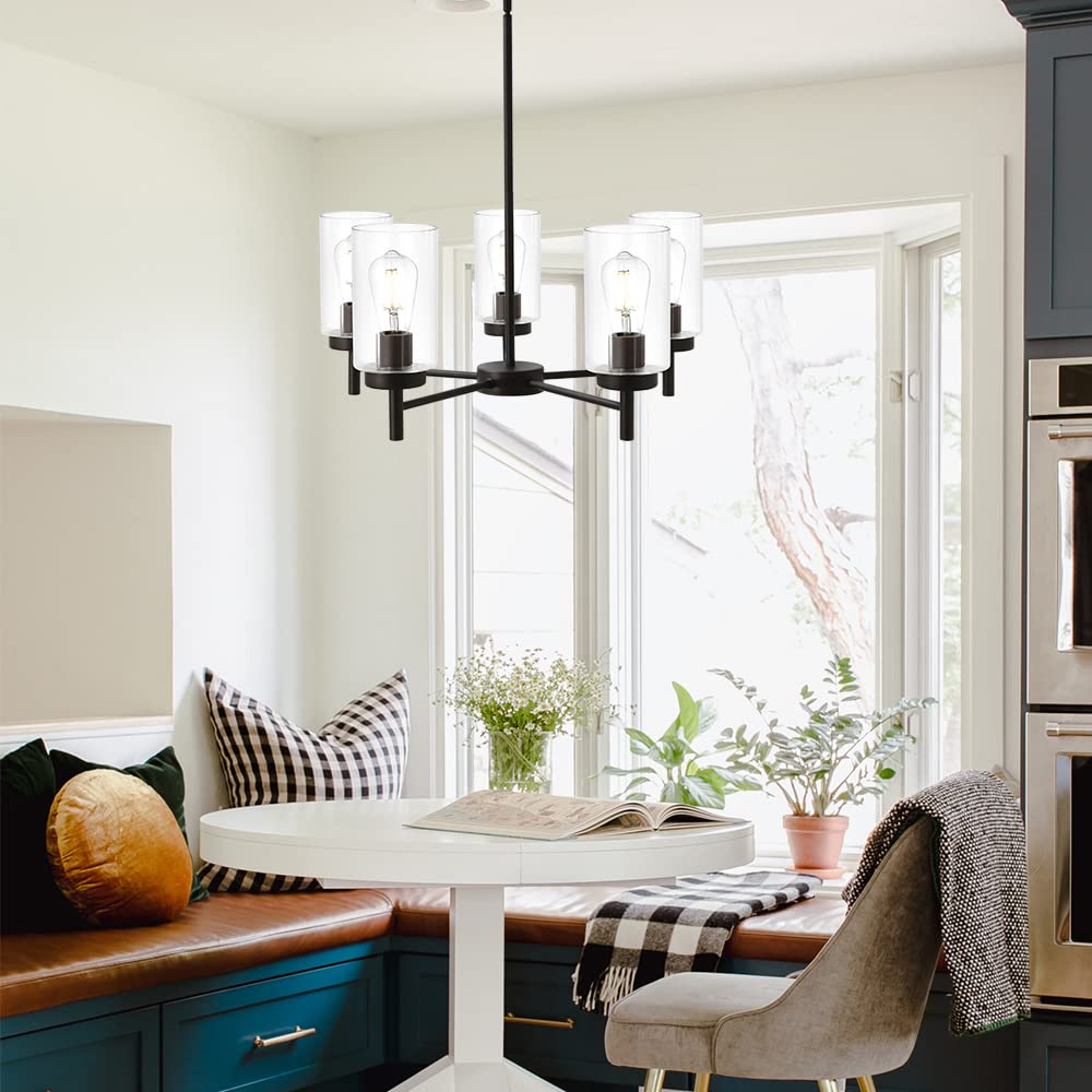 VINLUZ 5-Light Contemporary Chandelier, Oil-Rubbed Bronze, Clear Glass Shades, Model 1810-5-13, Modern Lighting for Dining Room & Kitchen