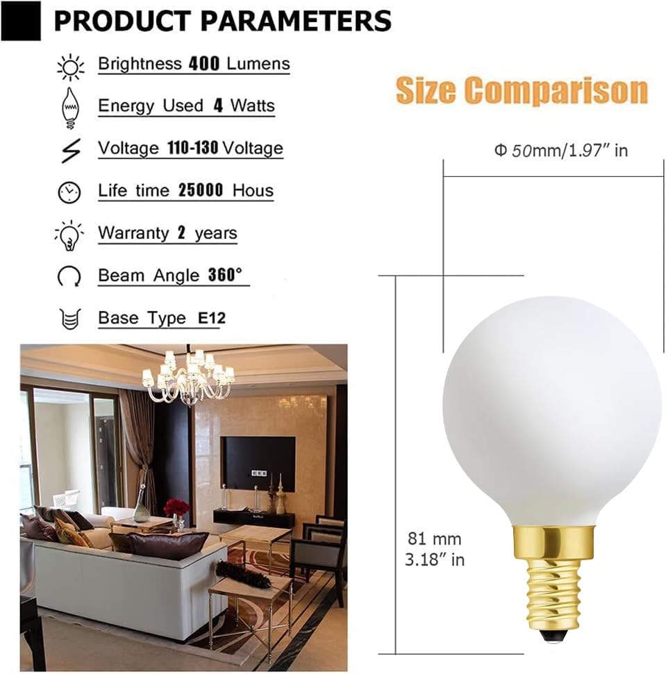 Xininsun Frosted G16.5 Light Bulb,E12 4W Chandelier Light Bulbs, Round Candelabra Bulb 40 Watt,4W Milky White Candelabra Led Bul