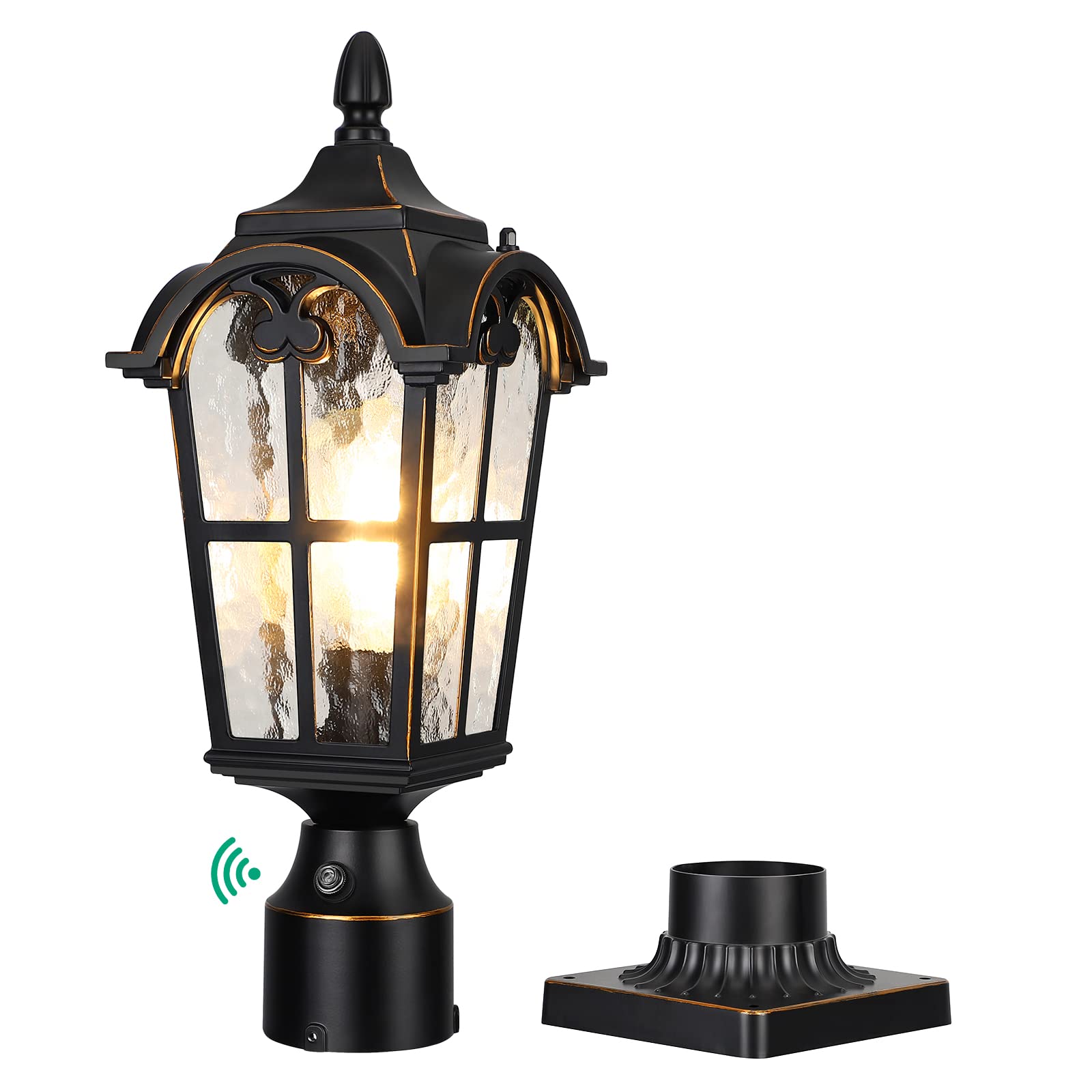 EDISHINE Outdoor Post Light, Dusk to Dawn, Black Aluminum, Waterproof, Water Ripple Glass, Model HOPL01A, Normal Size