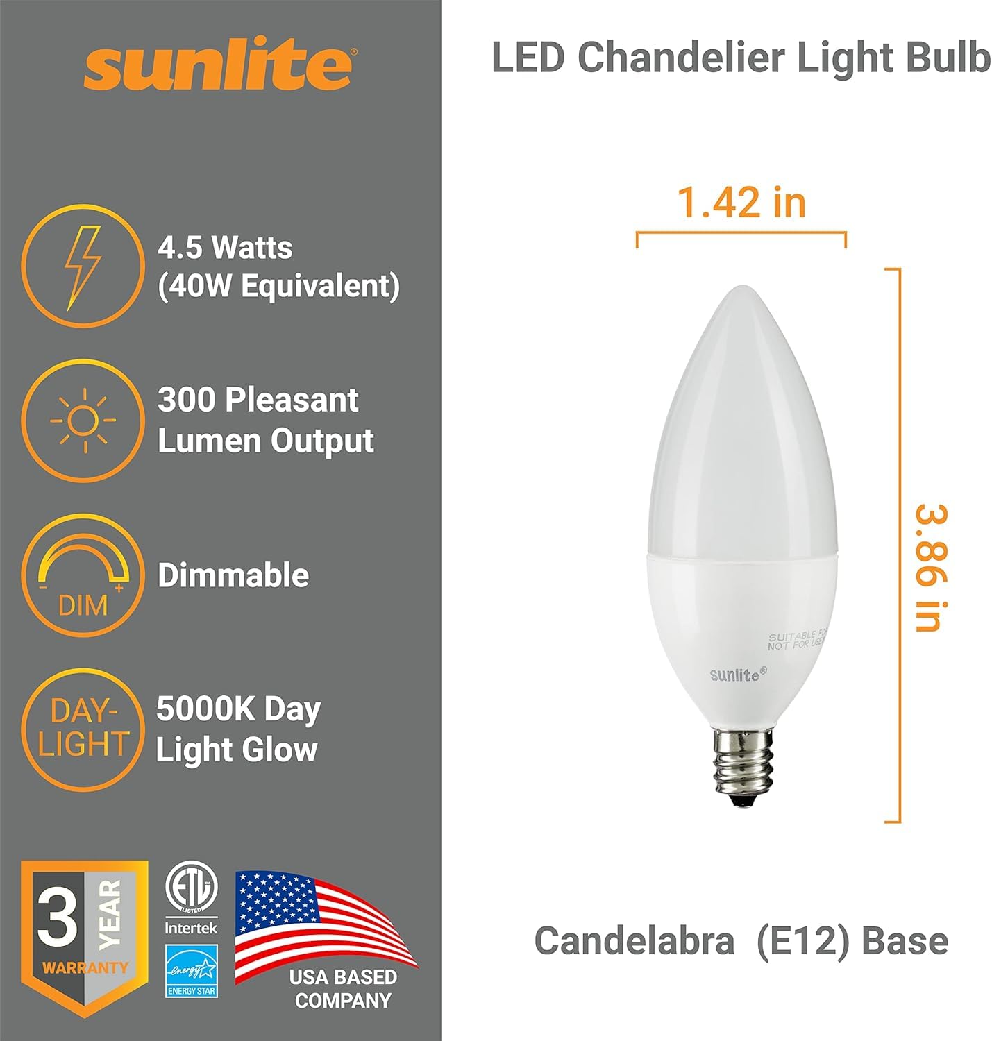 Sunlite LED B11 Chandelier Light Bulb, 4.5W (40W Equivalent), 300 Lumens, Dimmable, E12 Base, 5000K Daylight,