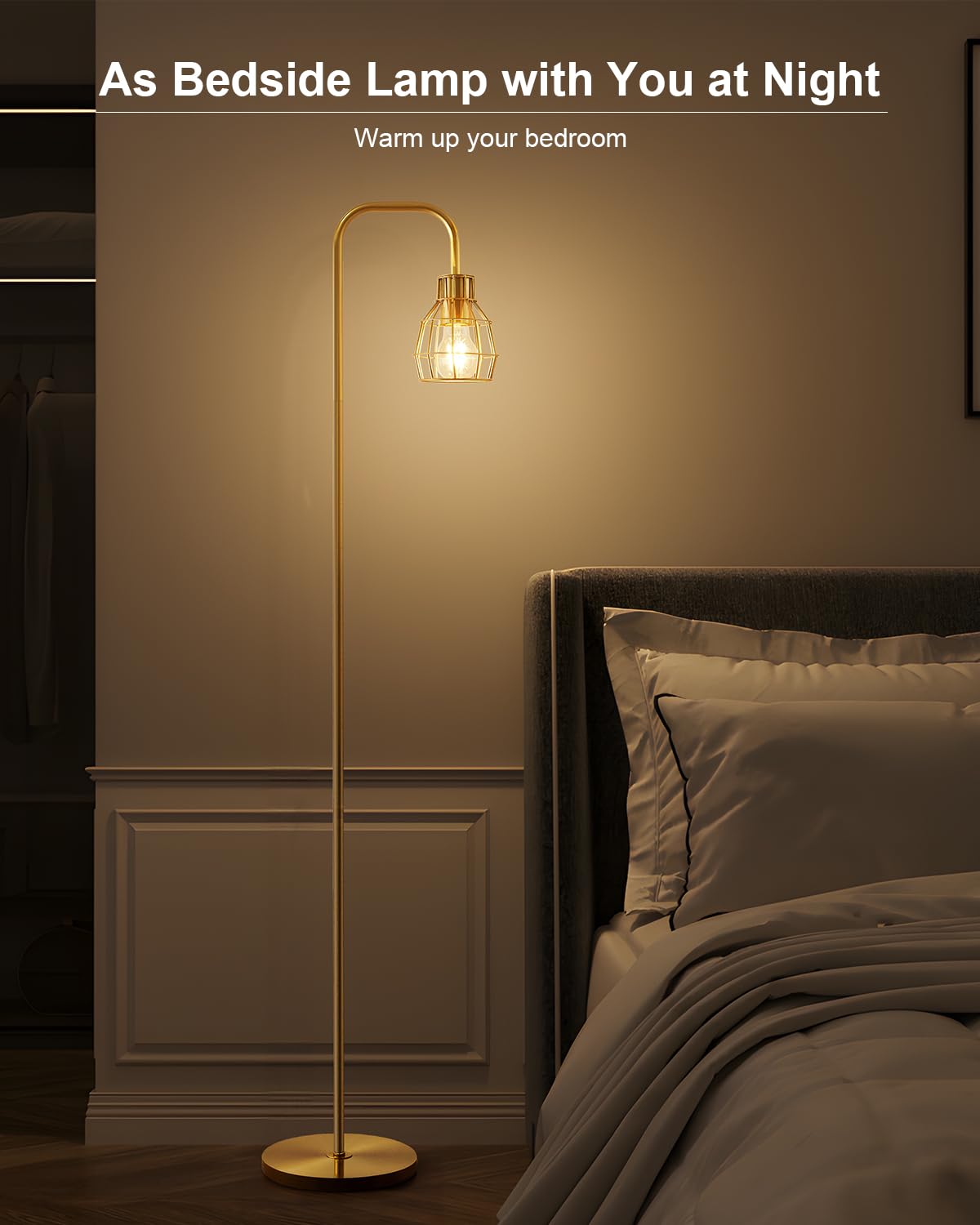 Oneach Gold Floor Lamp with Metal Guard, 4W LED Bulb, Industrial Style, Model AMZ-F1148GL