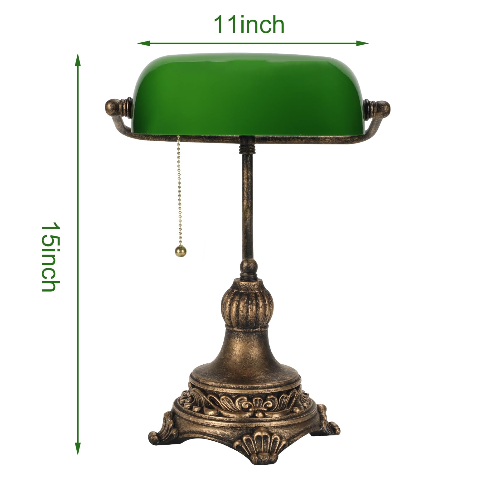 NISSAFORS Green Glass Bankers Lamp with Pull Switch, Retro Black/Gold Finish, Vintage Table Lamp for Home Office & Library, LED Bulb Included