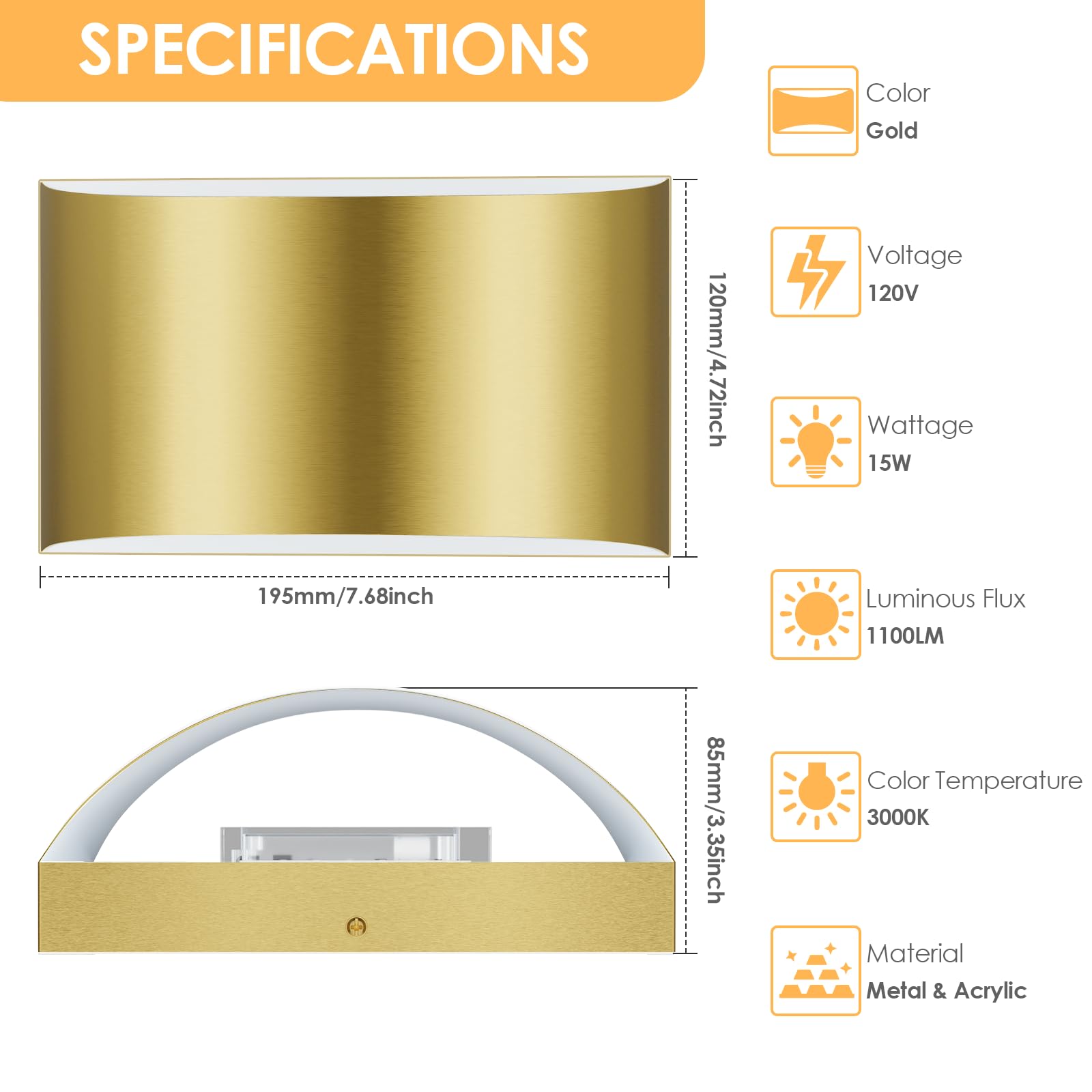 FOLKSMATE Modern LED Wall Sconces Set of 2, 3000K Warm White, Gold, 7.68 inch, Hardwired Metal Light for Indoor Use